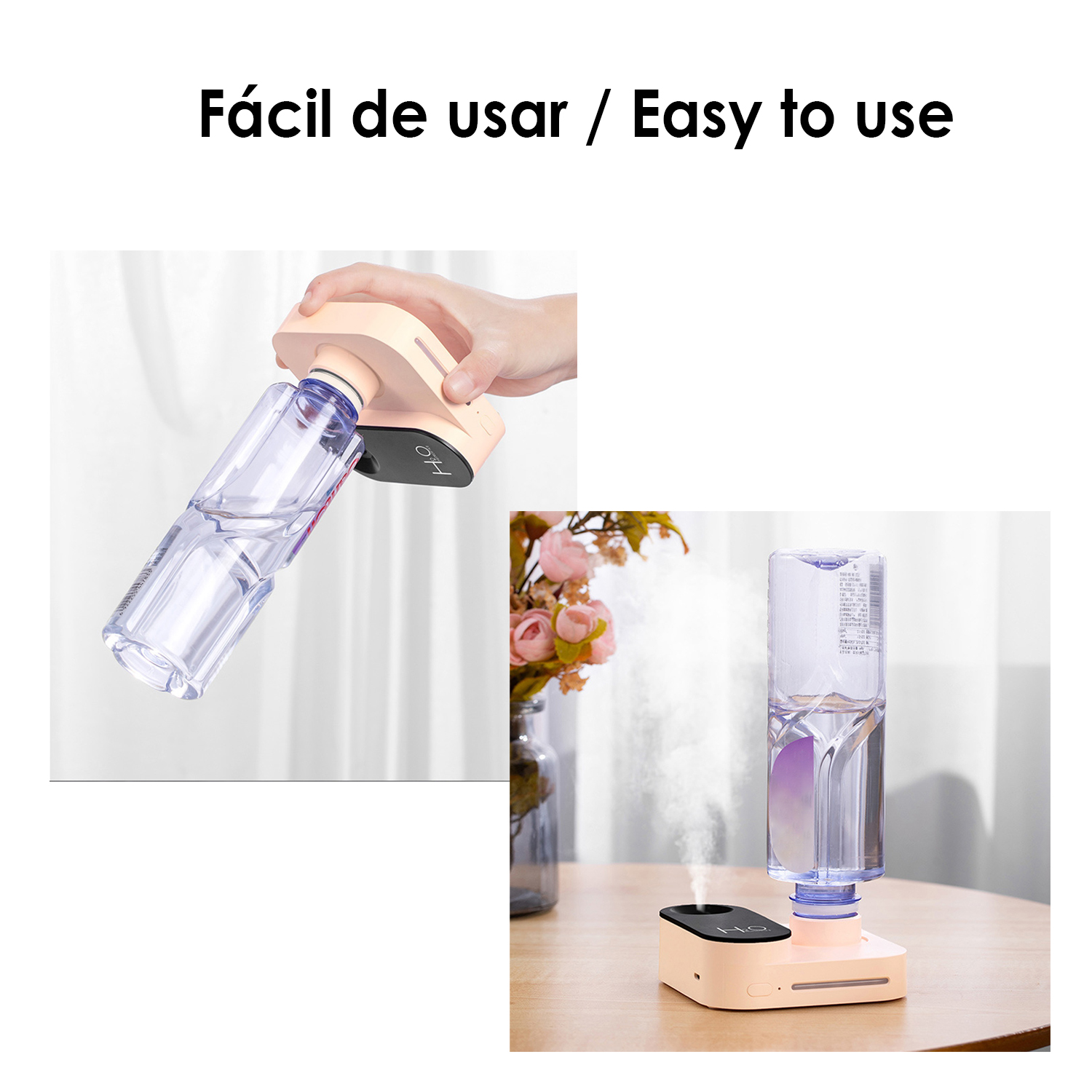 Eine Hand verwendet einen Wassersprühbehälter. Das Bild zeigt auch einen Tisch mit Blumen und einem Gerät.