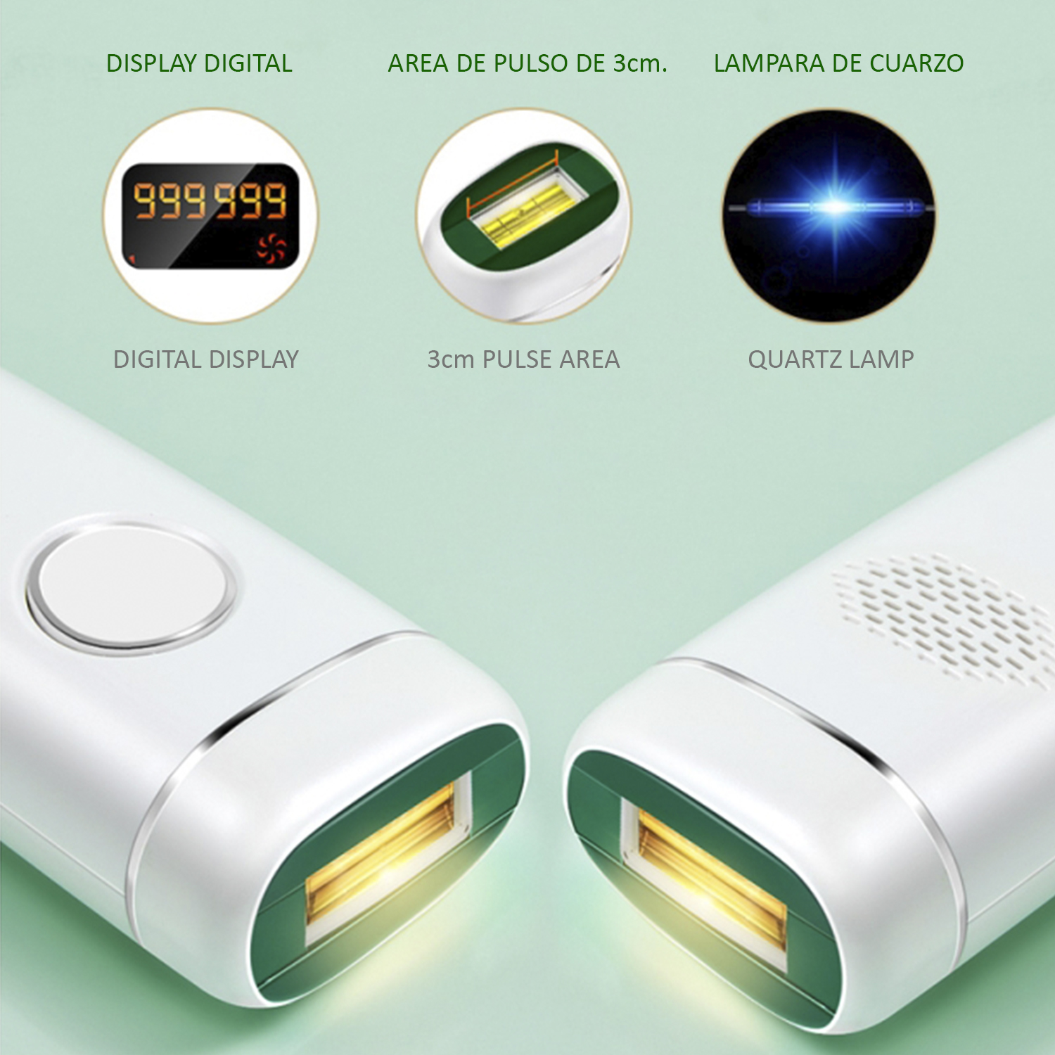Zwei weiße Geräte mit Digitalanzeigen, beschriftet mit 'DISPLAY DIGITAL', '3cm PULSE AREA' und 'QUARTZ LAMP'.