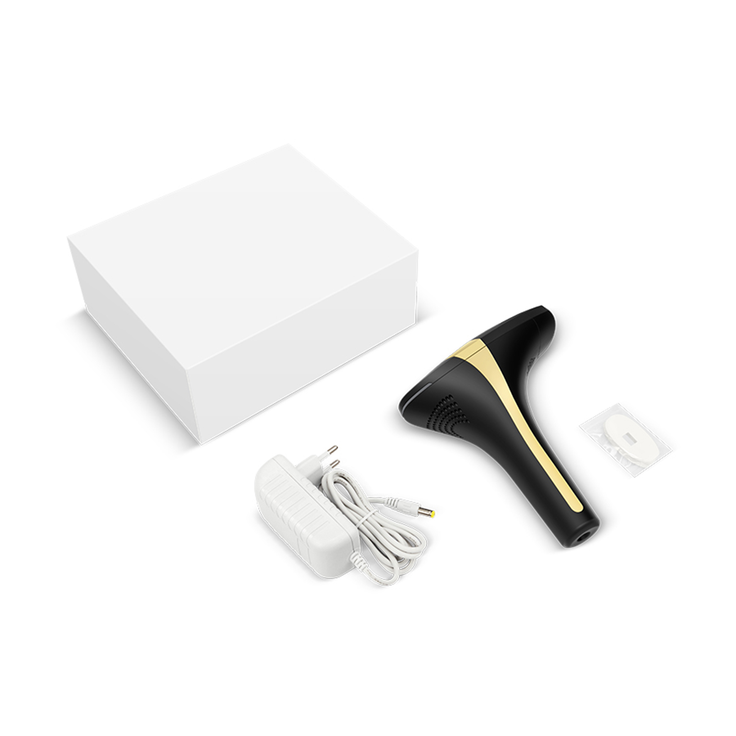 Haarentfernungsgerät mit Box, Adapter und einem Reinigungstuch.
