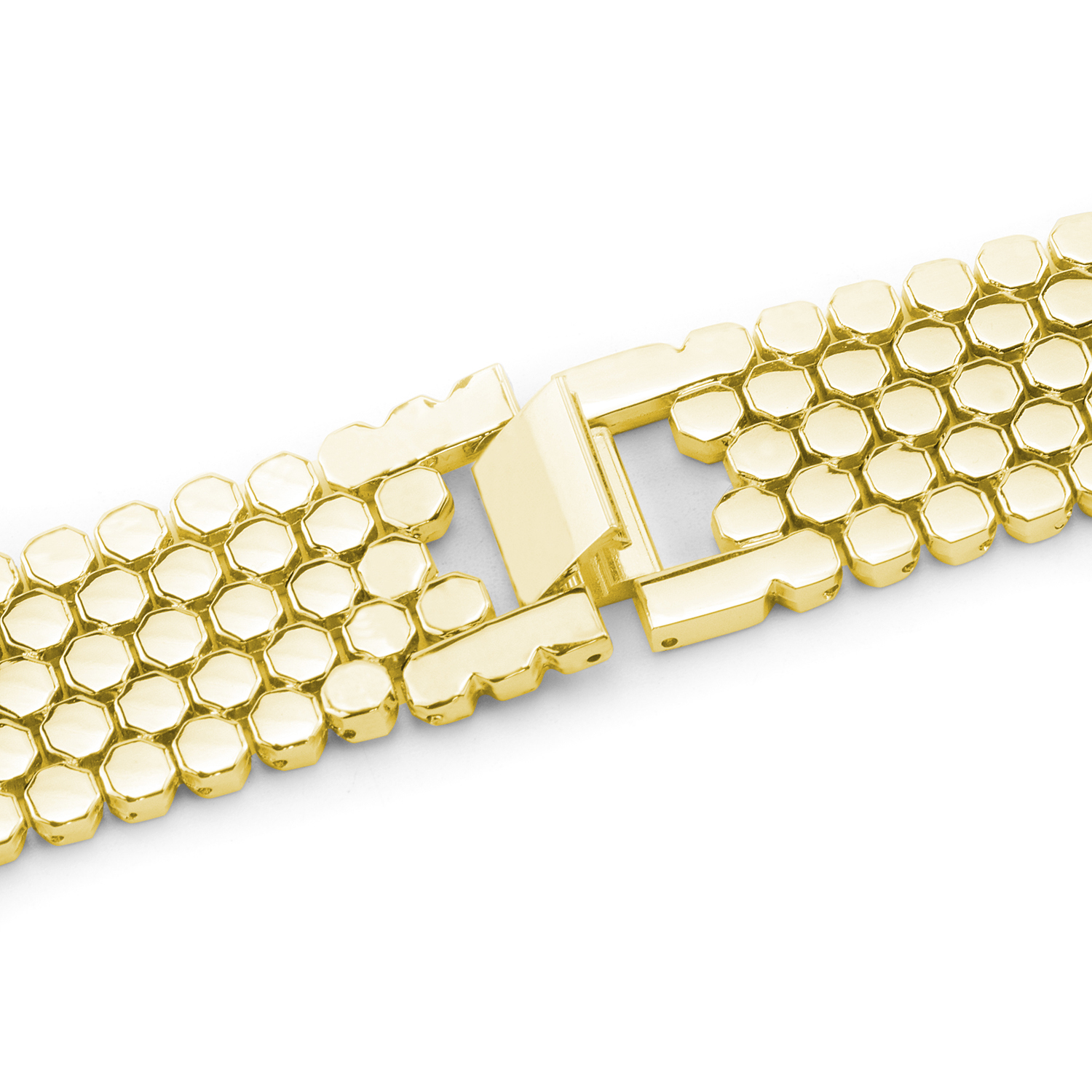 Brazalete de reloj dorado con patrón de panal. Cierre abierto, mostrando detalles.