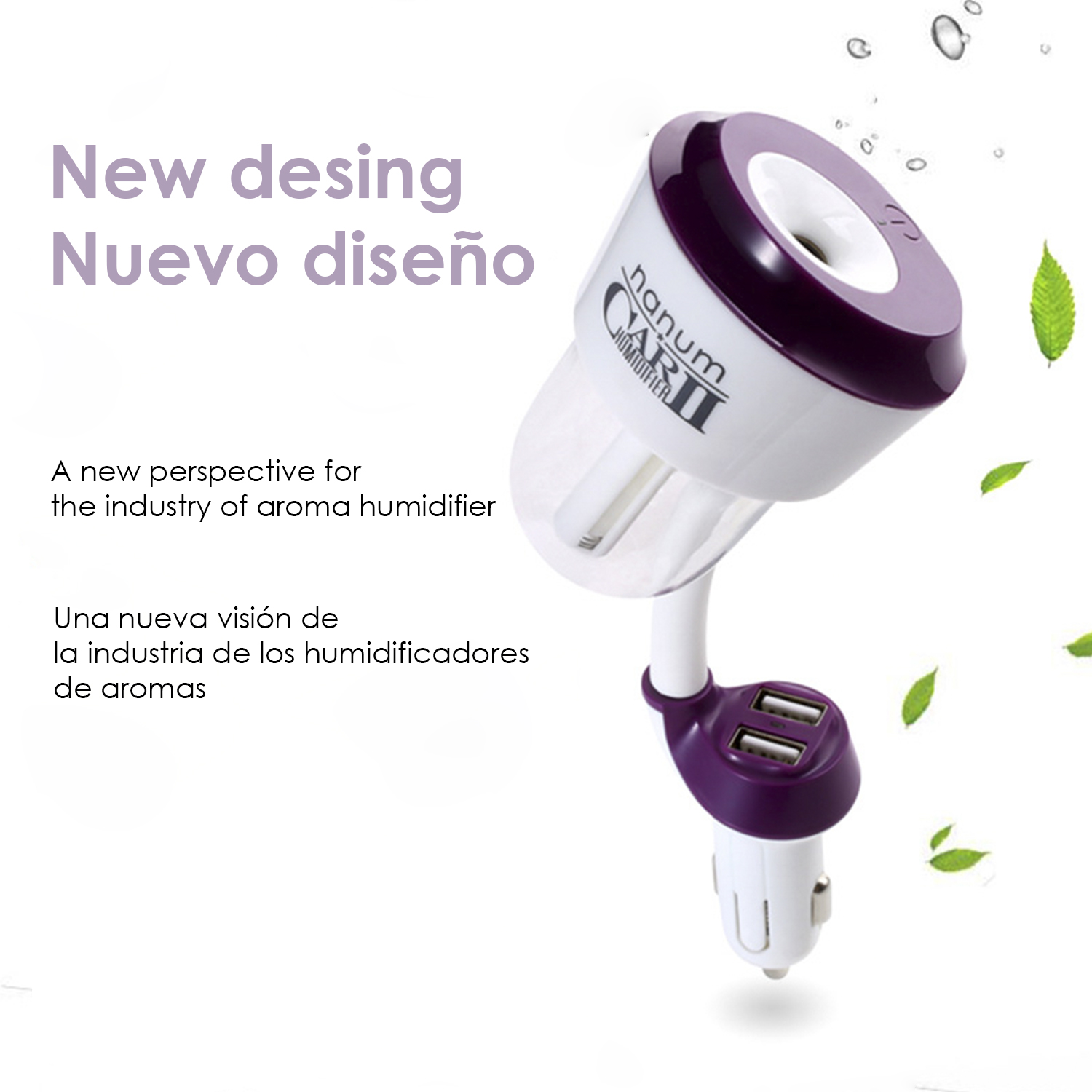 Humidificador de aroma para coche, blanco con un acento morado. Tiene un cuello flexible y puertos USB.