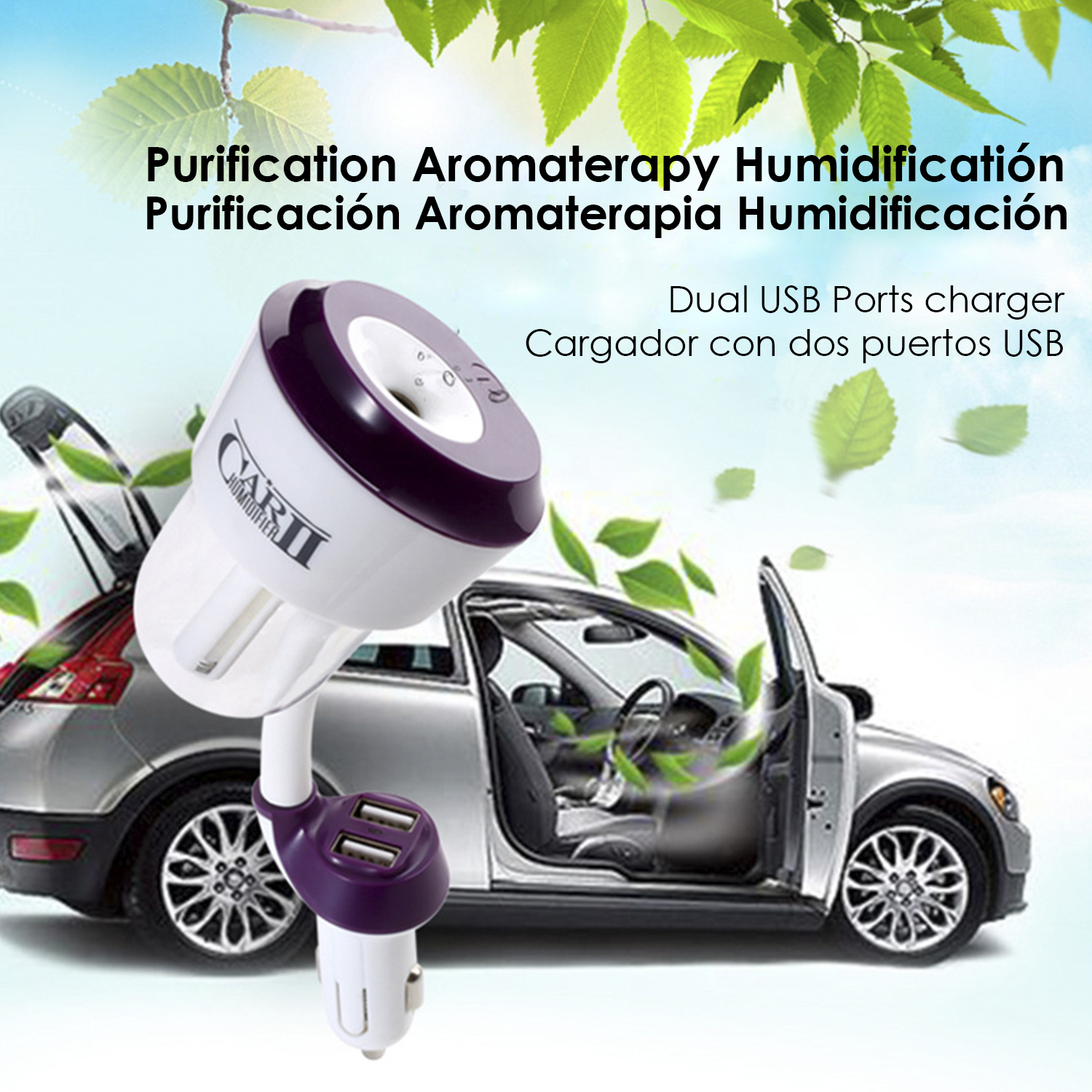 Ambientador de coche blanco y morado con puertos USB en el interior de un coche.