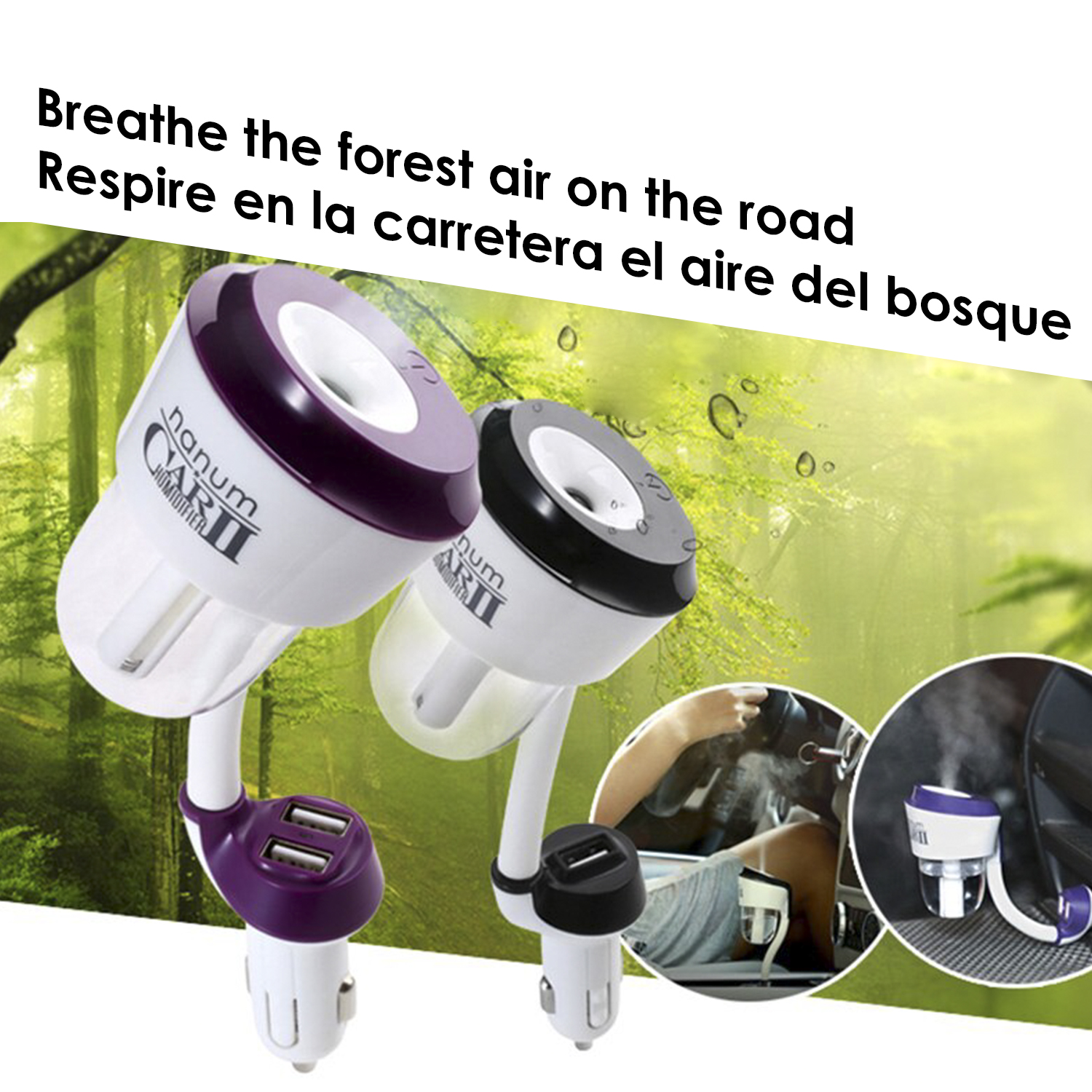 Dos ambientadores para coche con un diseño morado y negro, con texto y un interior de coche.