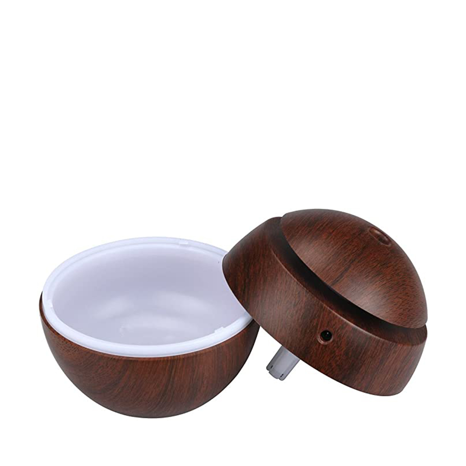 Aromatherapie-Diffusor aus Holz, zerlegt. Weißes Innere sichtbar.