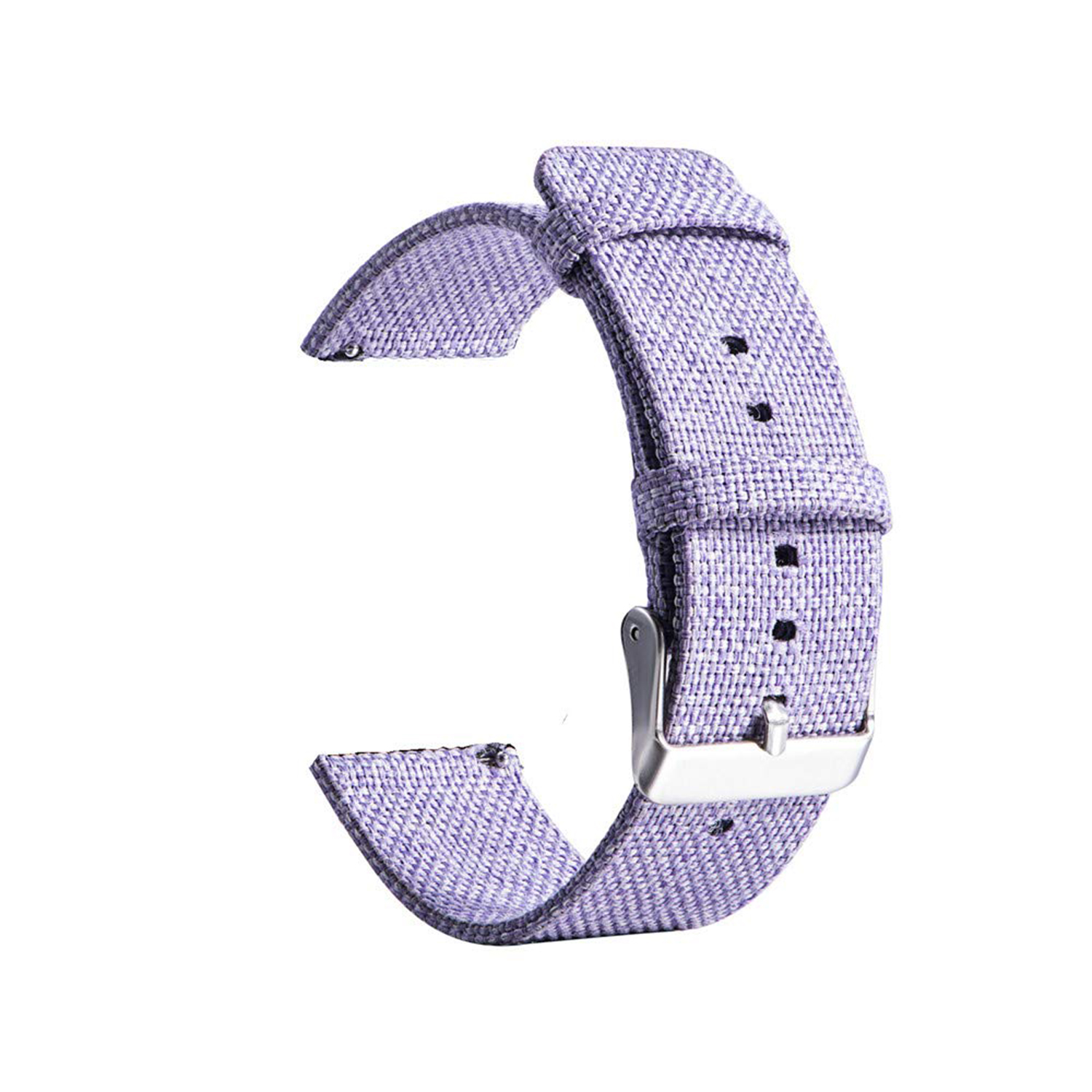 Una correa de reloj lila claro con hebilla plateada, aislada sobre fondo blanco.
