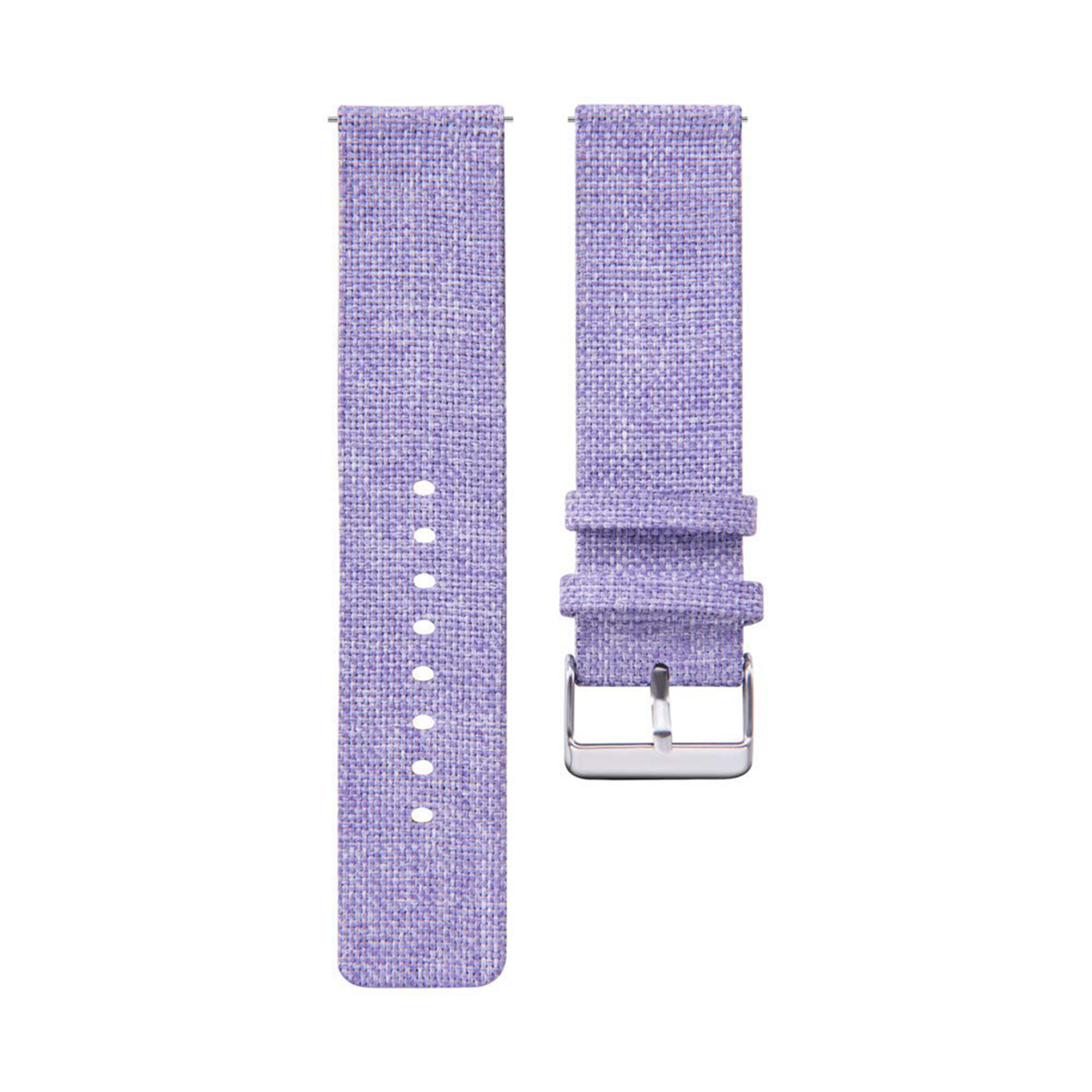 Dos piezas de correa de reloj de tela lavanda con hebilla plateada sobre fondo blanco.