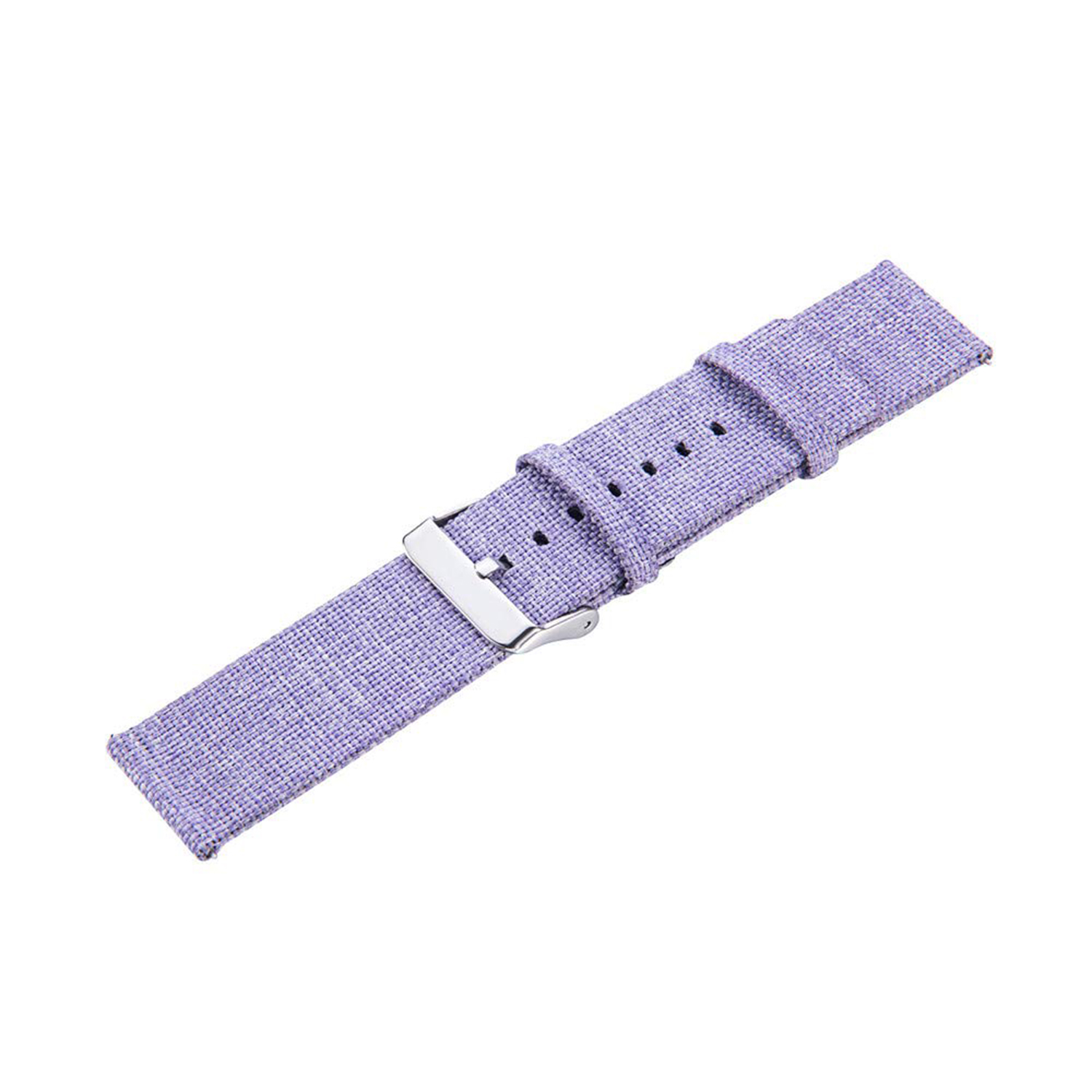Correa de reloj de tela morada con hebilla plateada sobre fondo blanco.