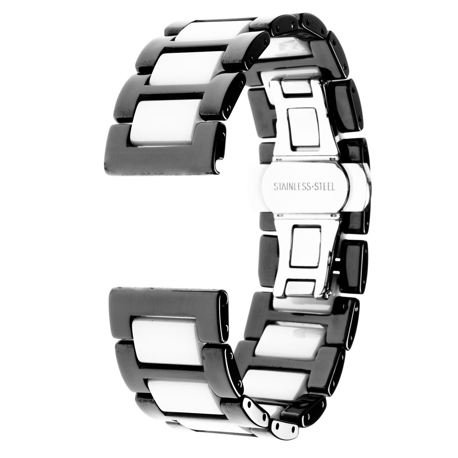 Correa de reloj en blanco y negro, de cerámica y acero inoxidable con cierre.