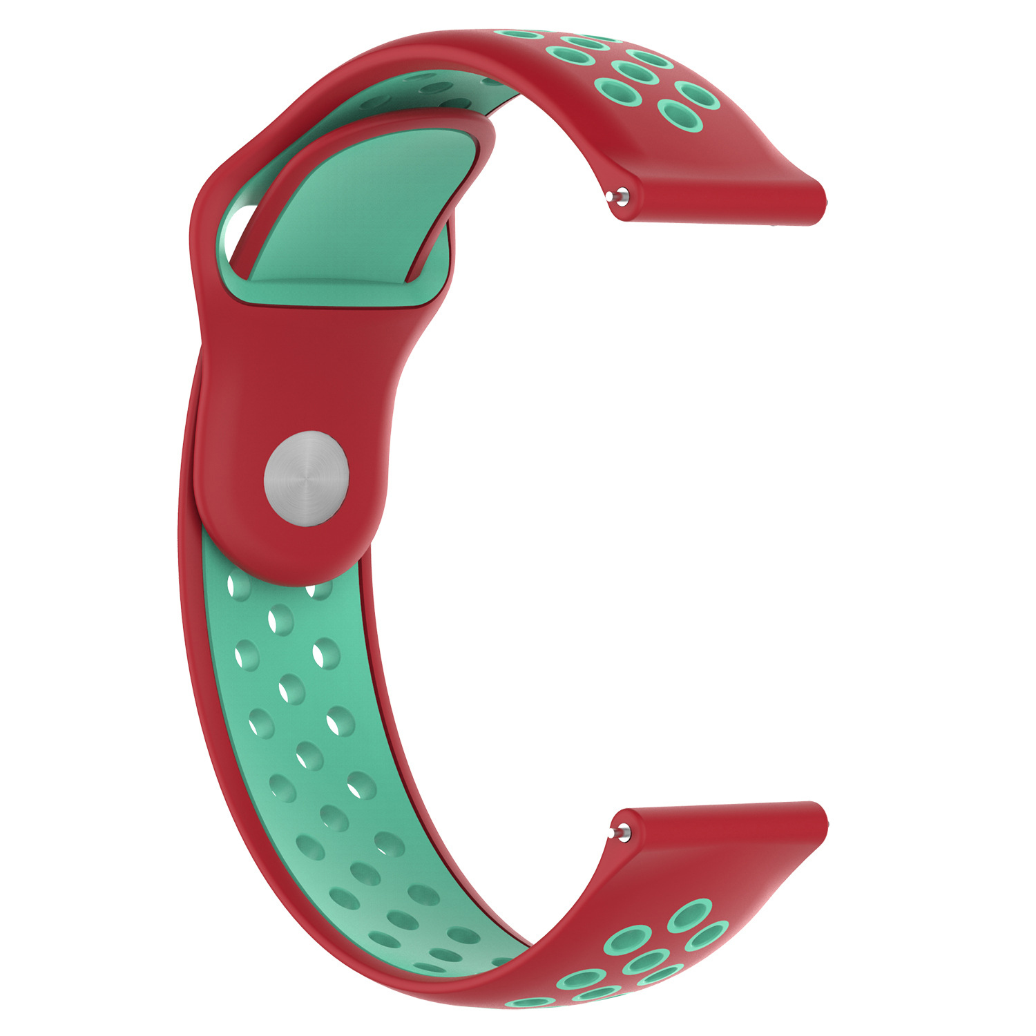 Correa de reloj roja y verde azulado. Diseño perforado. Forma curva.