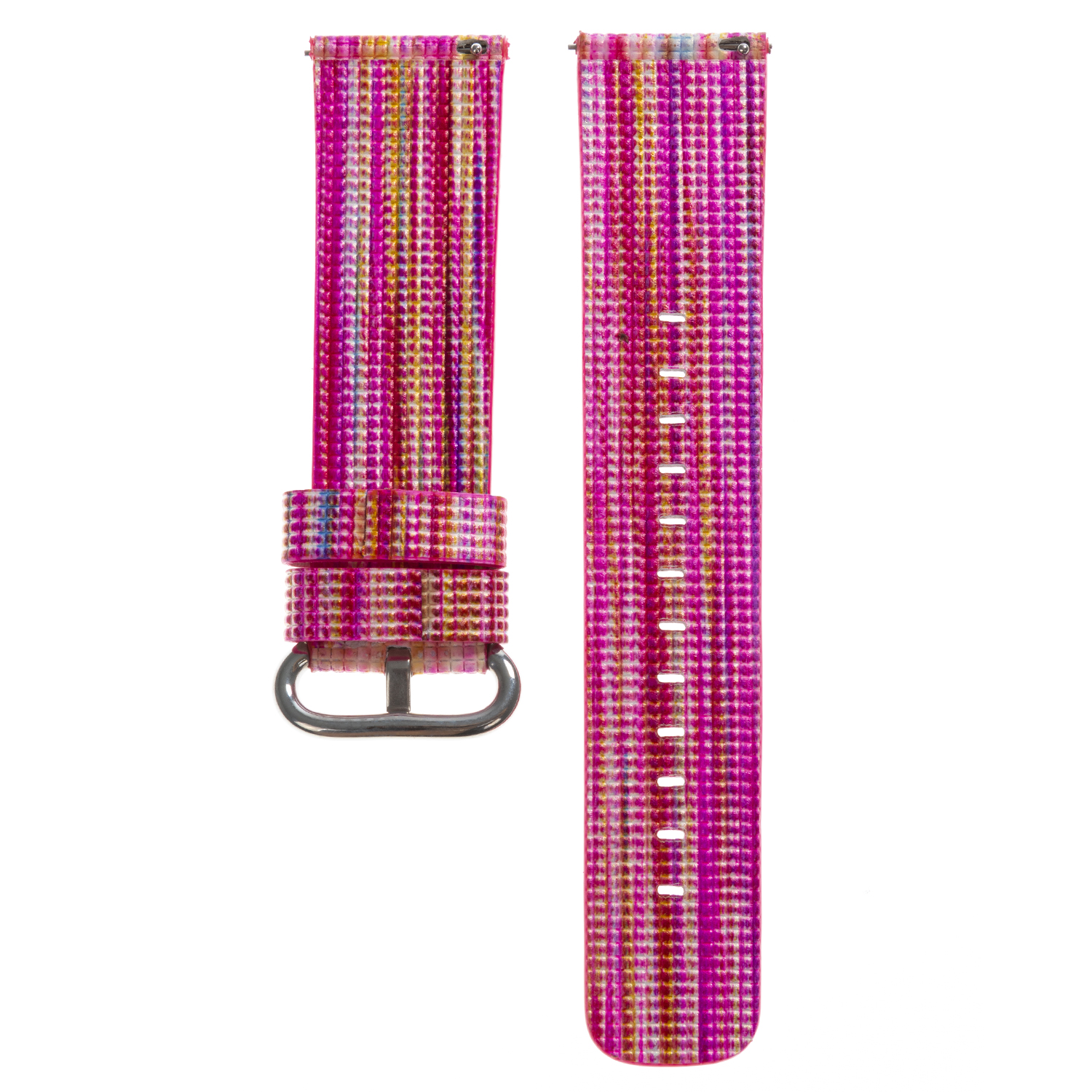 Dos correas de reloj con un patrón de rayas rosas y multicolores. Tienen una hebilla plateada.