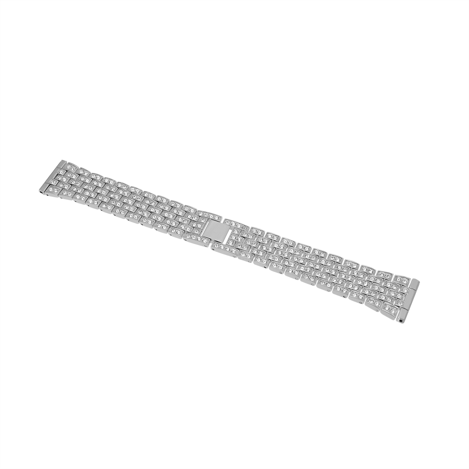Una correa de reloj plateada con cristales transparentes incrustados colocados sobre una superficie blanca.