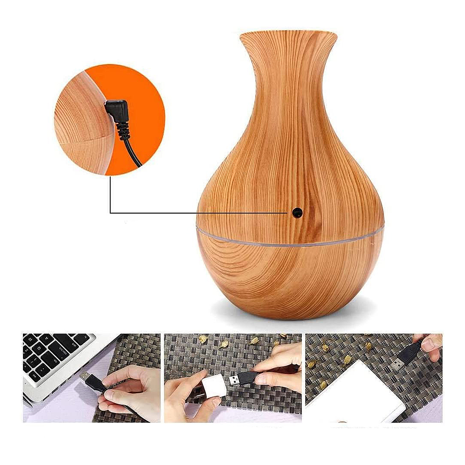 Difusor de aroma de madera con conexión USB. Tomas detalladas muestran el proceso de conexión.
