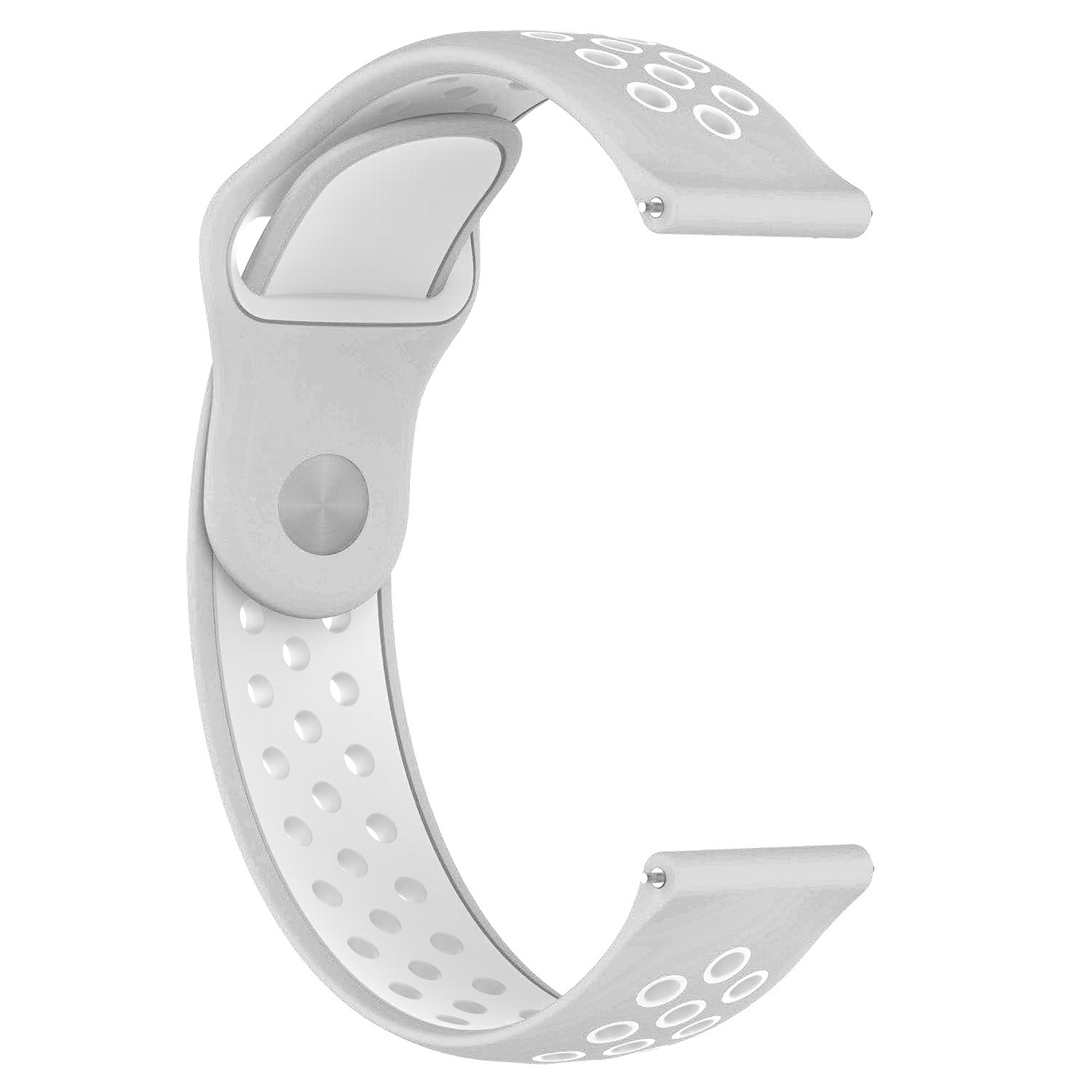 Una correa de reloj blanca y gris con un diseño perforado y forma curva.