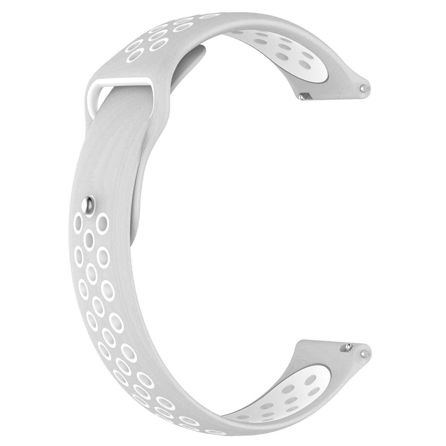 Correa de reloj gris claro con pequeños agujeros. Está abierta y curvada.