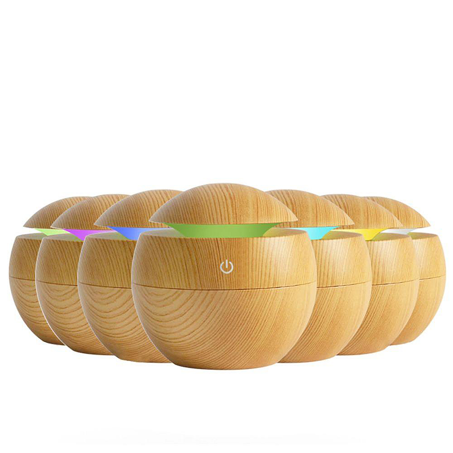 Una fila de humidificadores con aspecto de madera, cada uno con luz interior y botón de encendido.