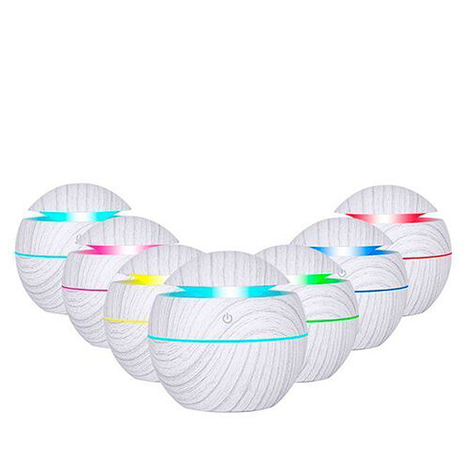 Difusores blancos con luces de colores. Dispuestos en semicírculo.