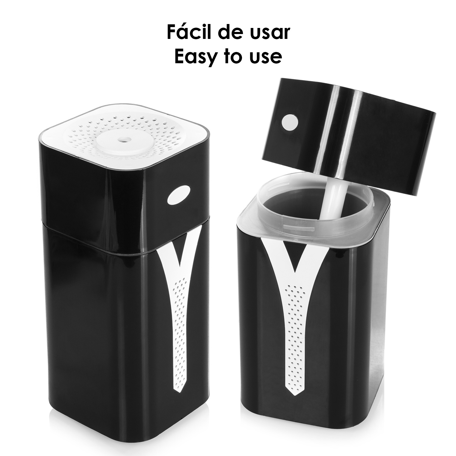 Dos humidificadores negros, rectangulares, uno abierto, otro cerrado. Diseño Y blanco.