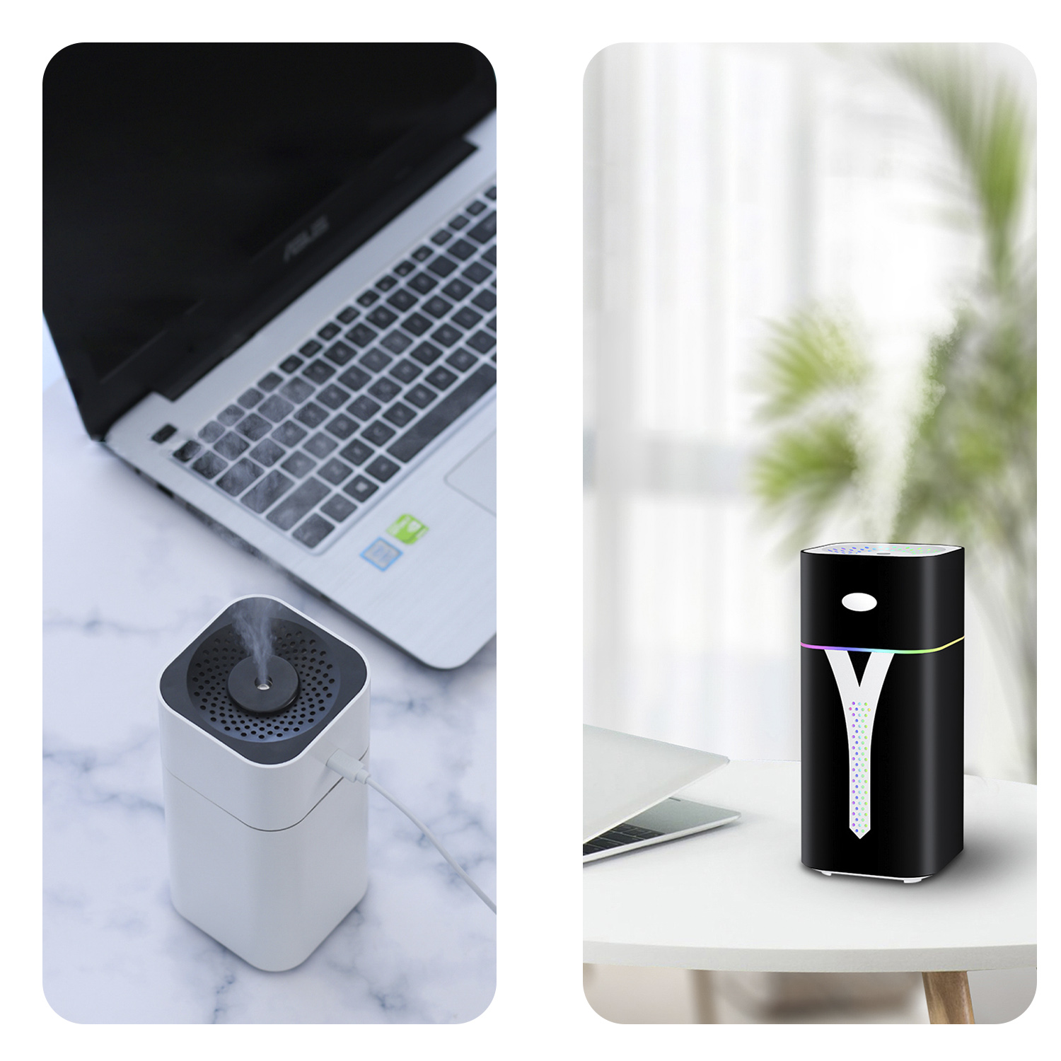 Dos imágenes: humidificador junto a portátil y un humidificador negro en una mesa.