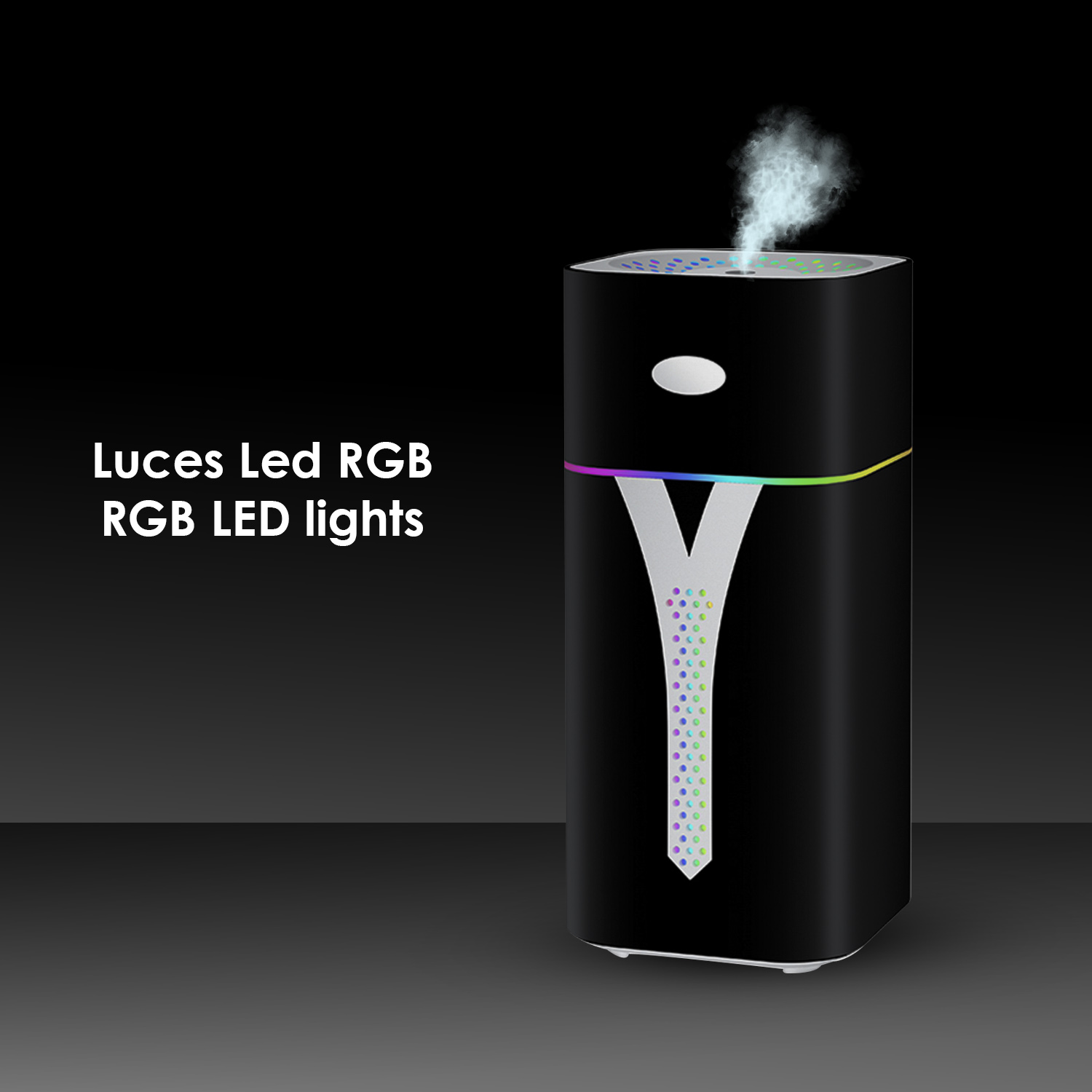 Humidificador de aire negro. Texto: Luces LED RGB. Vapor subiendo. Luces multicolores en la base.