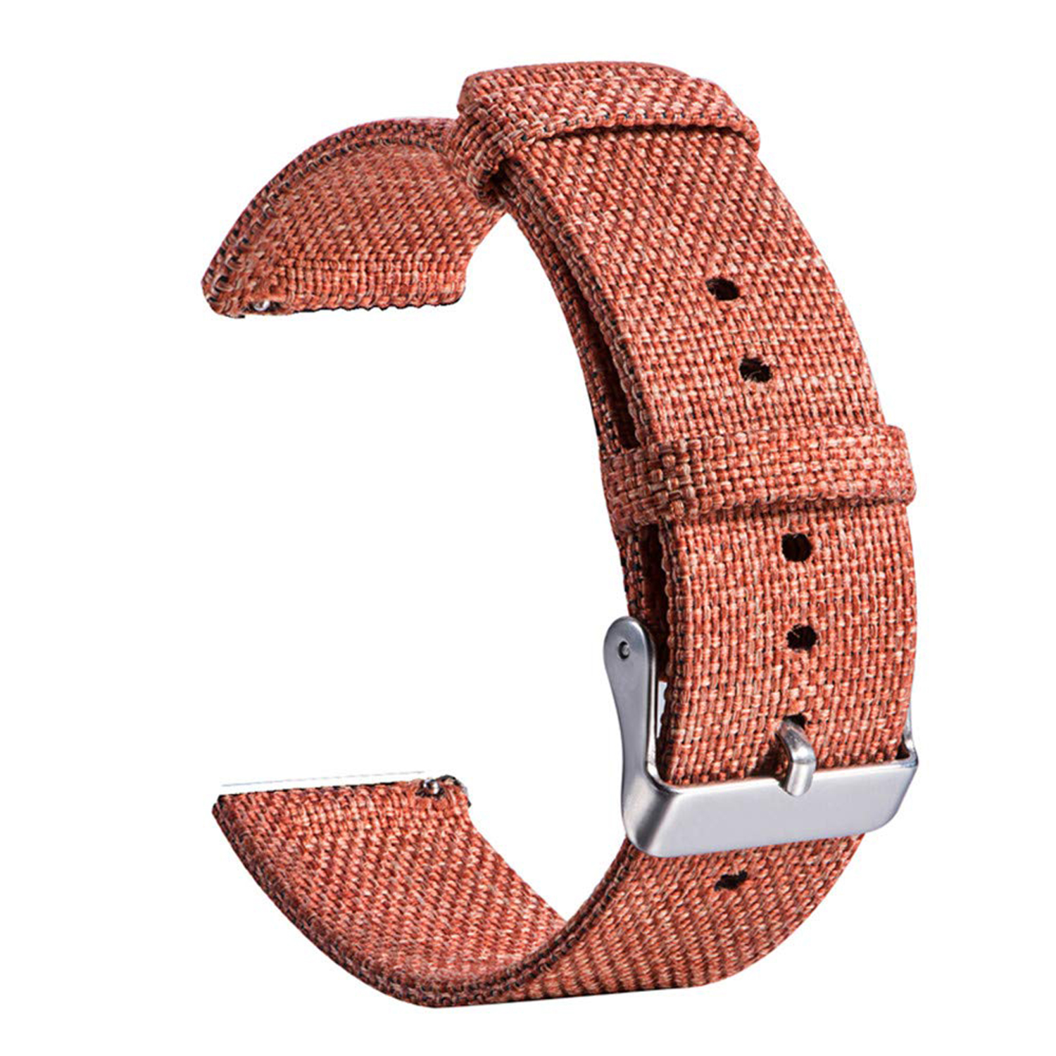 Correa de reloj naranja con hebilla plateada. Material textil.