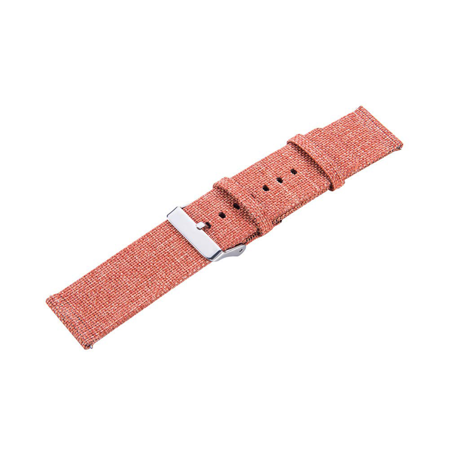 Una correa de reloj naranja con hebilla plateada sobre fondo blanco.