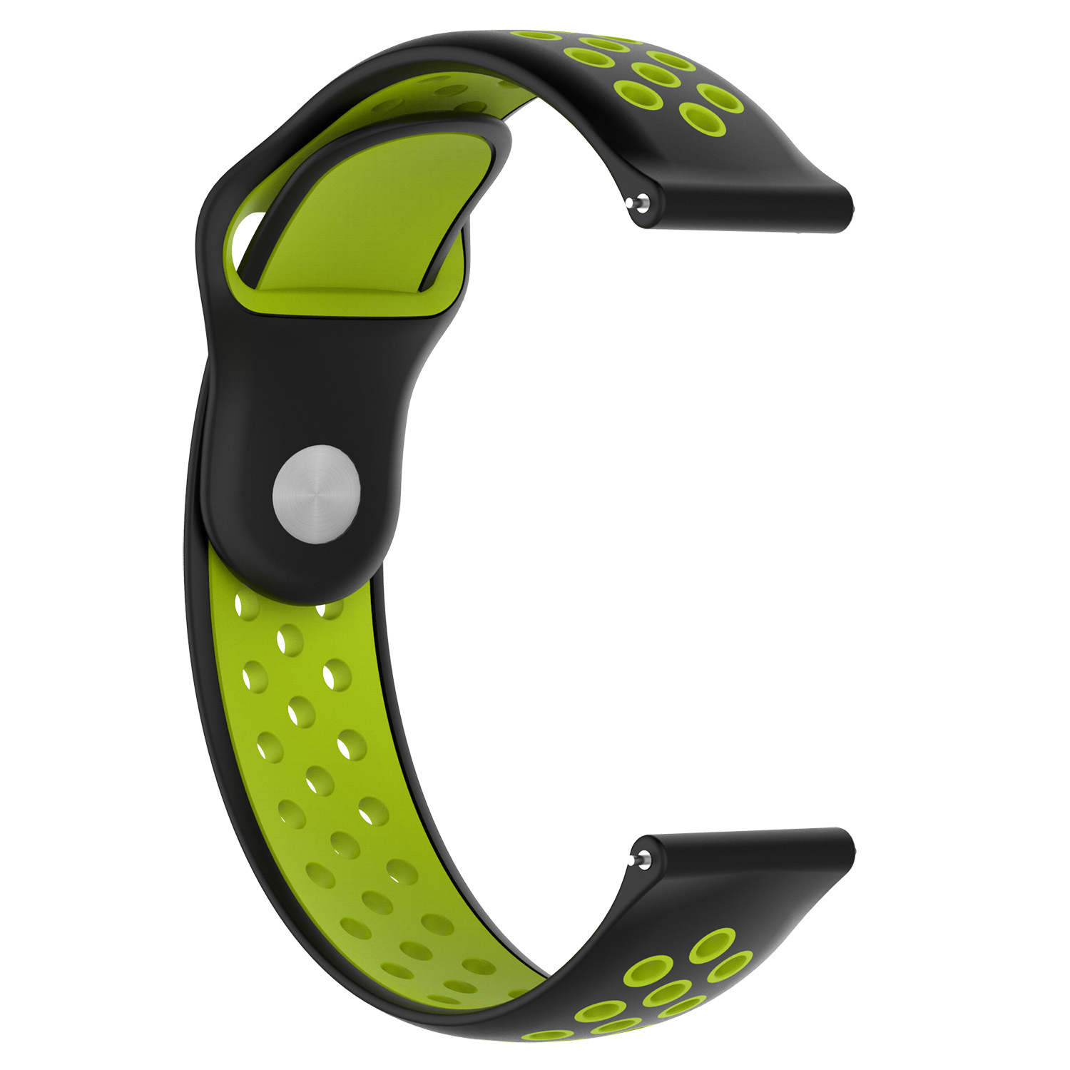 Correa de reloj negra y verde con agujeros perforados, diseño curvo, cierre plateado al final.