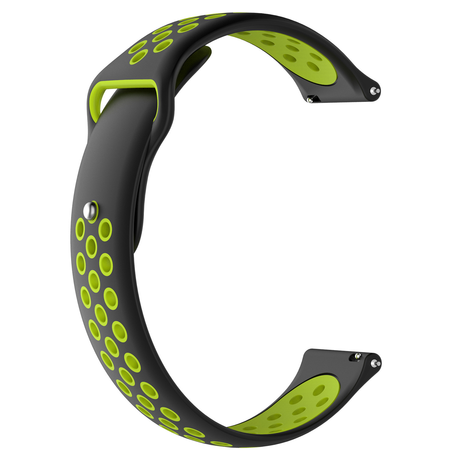 Una correa de reloj negra y verde. Tiene agujeros y es curva.
