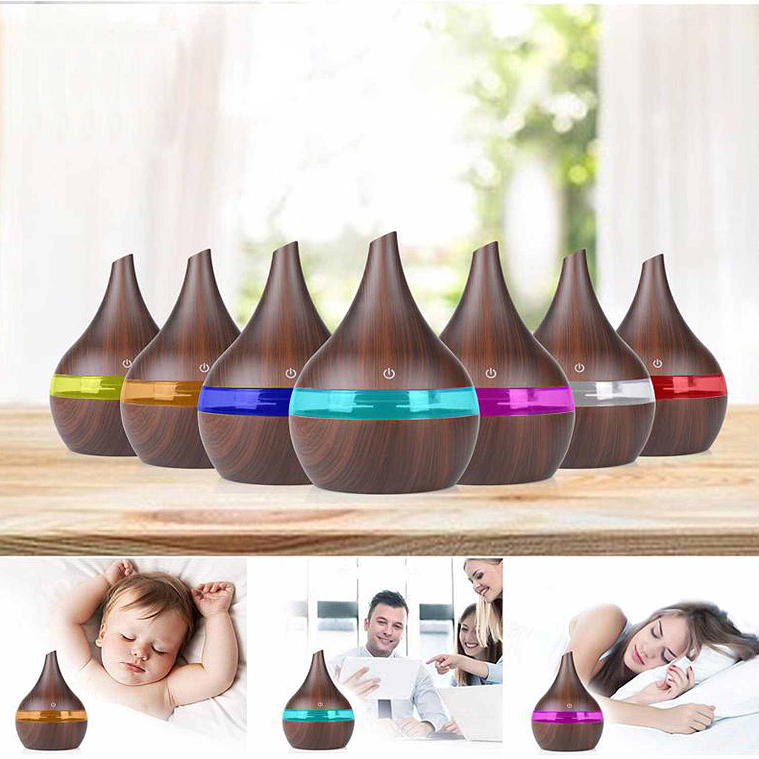 Varios difusores marrones con bandas de colores, con imágenes de personas y bebés.