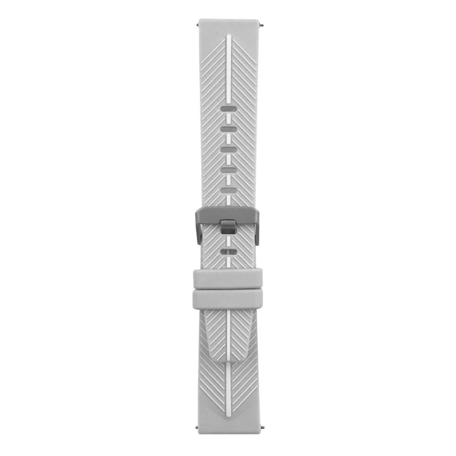 Una correa de reloj gris con hebilla, con un patrón de líneas diagonales y orificios de conexión.