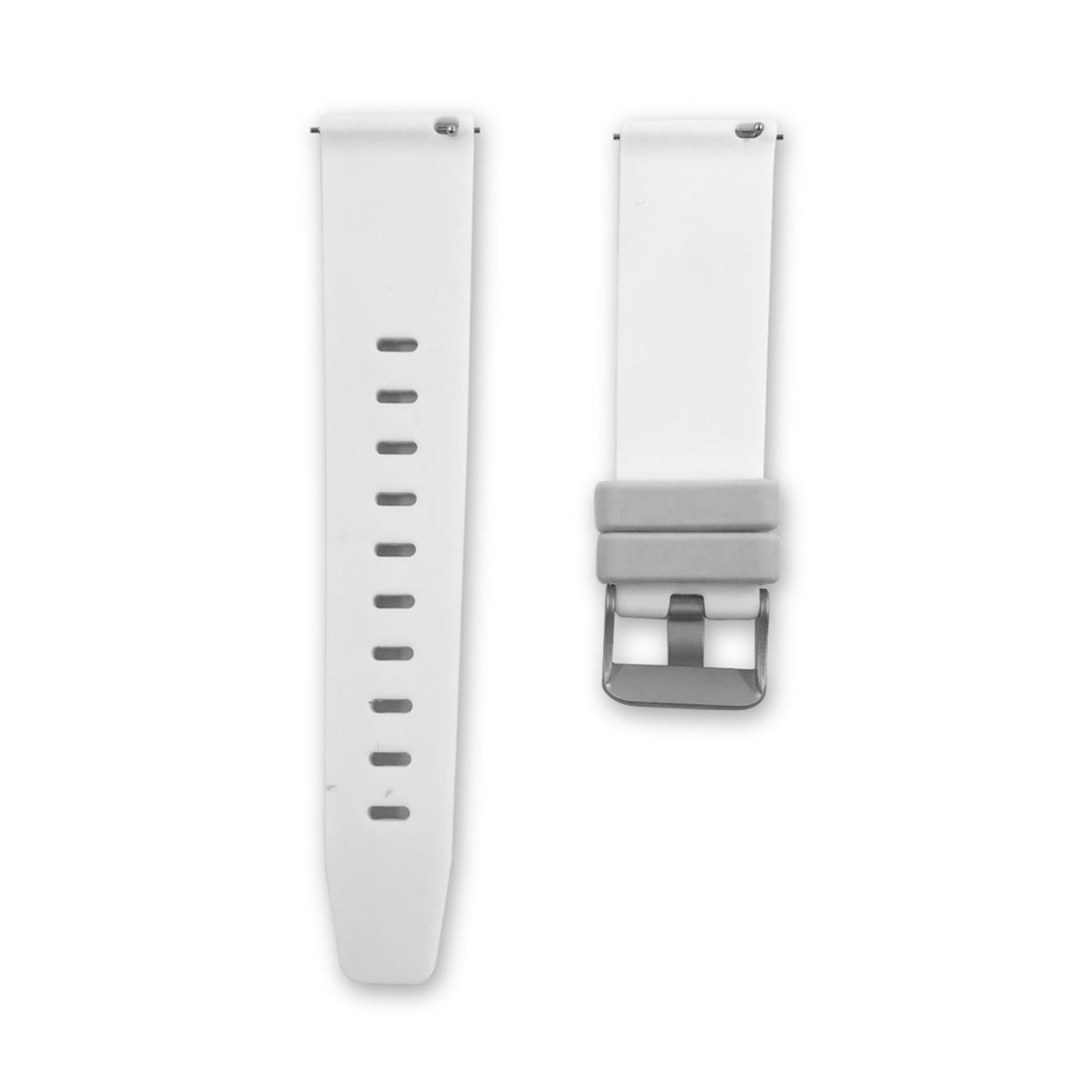 Dos correas de reloj blancas. Una completa con agujeros, la otra con hebilla.