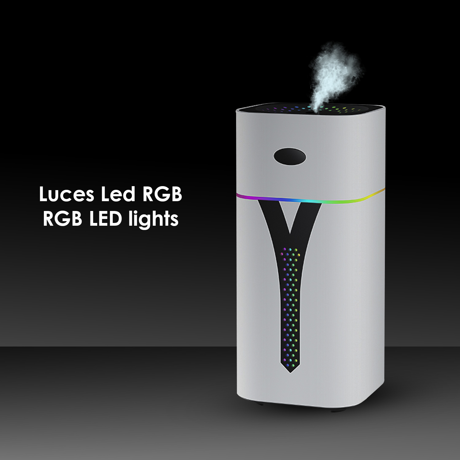 Weißer Luftbefeuchter mit RGB-Lichtern. Weißer Rauch kommt heraus. Schwarzer Hintergrund.