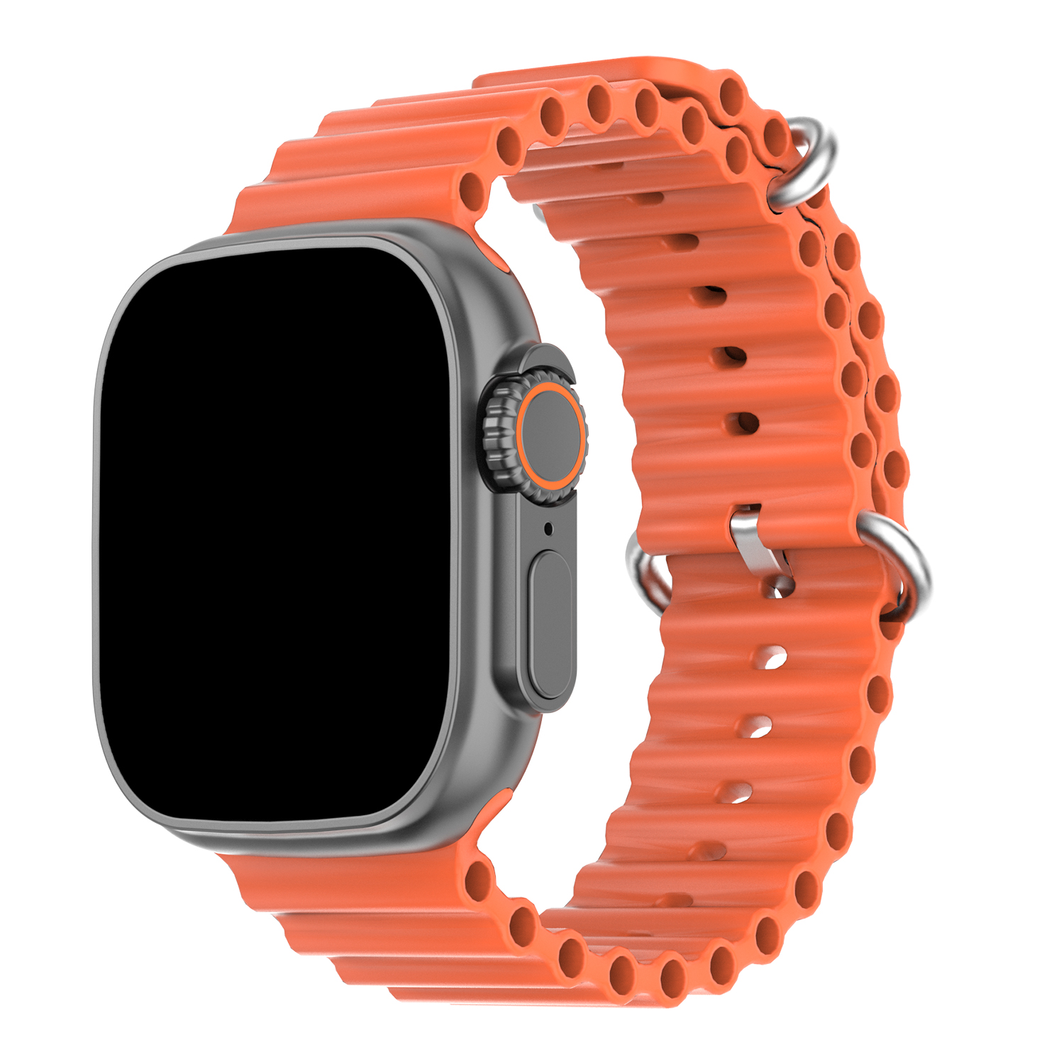 Reloj inteligente naranja con correa naranja. La pantalla es negra.
