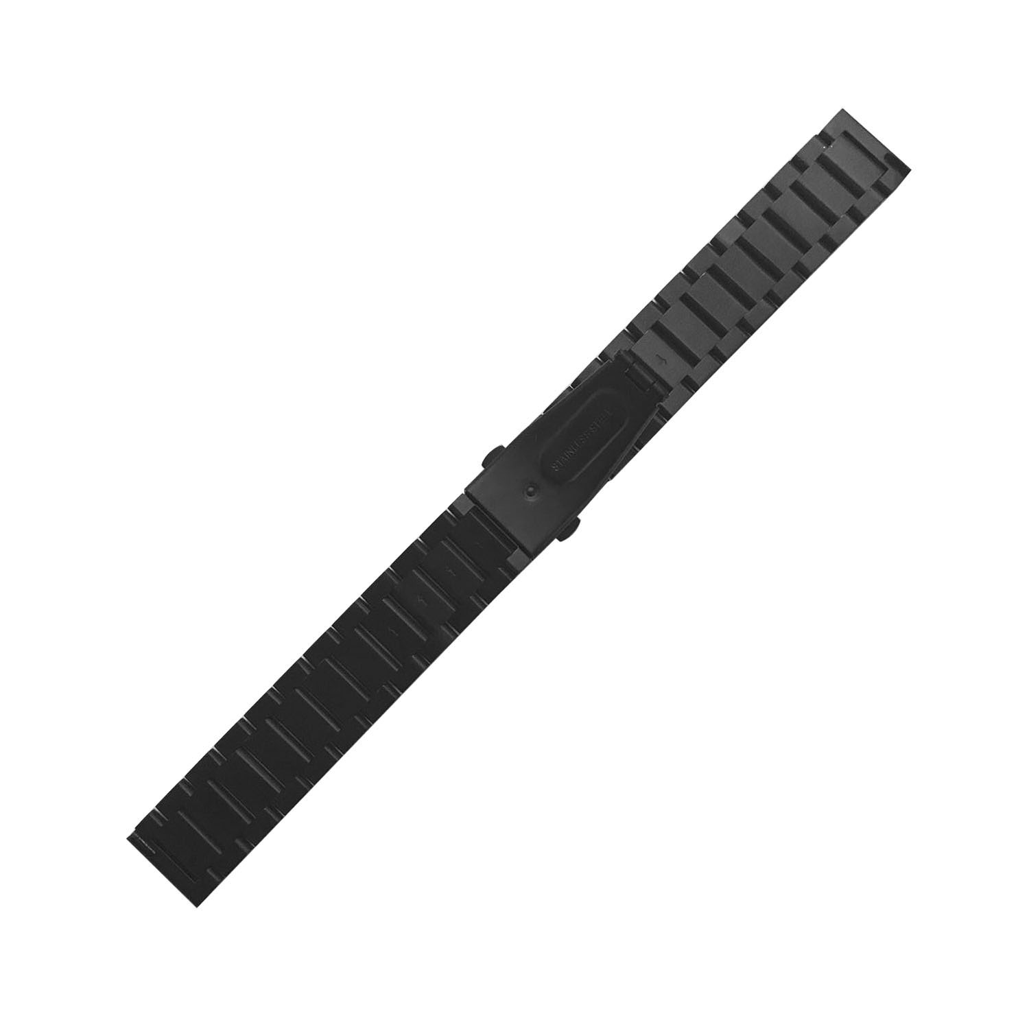 Una correa de reloj negra, segmentada y metálica, mostrada sobre un fondo blanco.