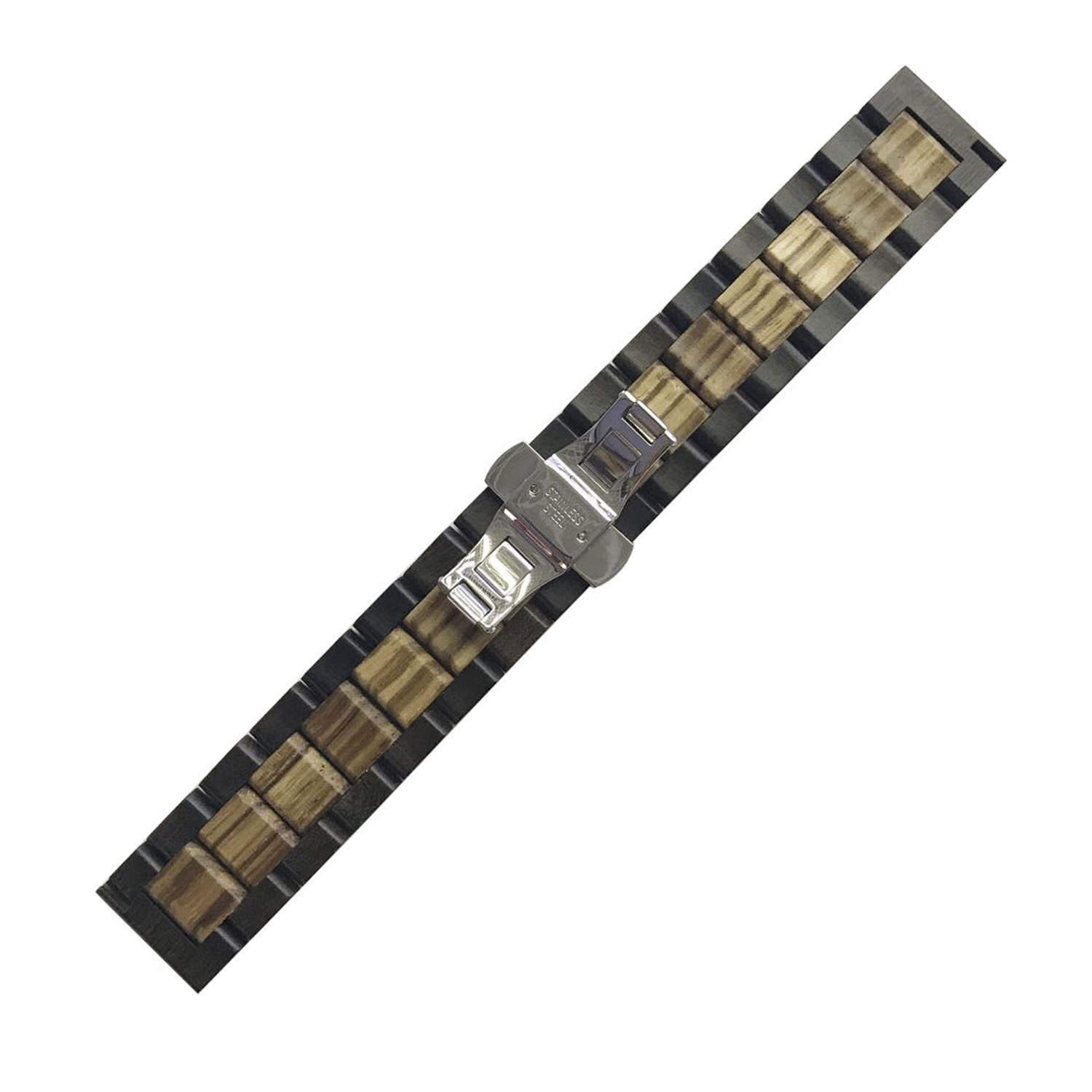 Correa de reloj hecha de bloques de madera con cierre metálico.