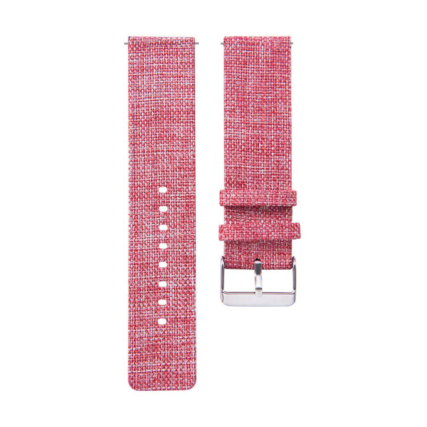Correa de reloj roja con hebilla plateada sobre fondo blanco.
