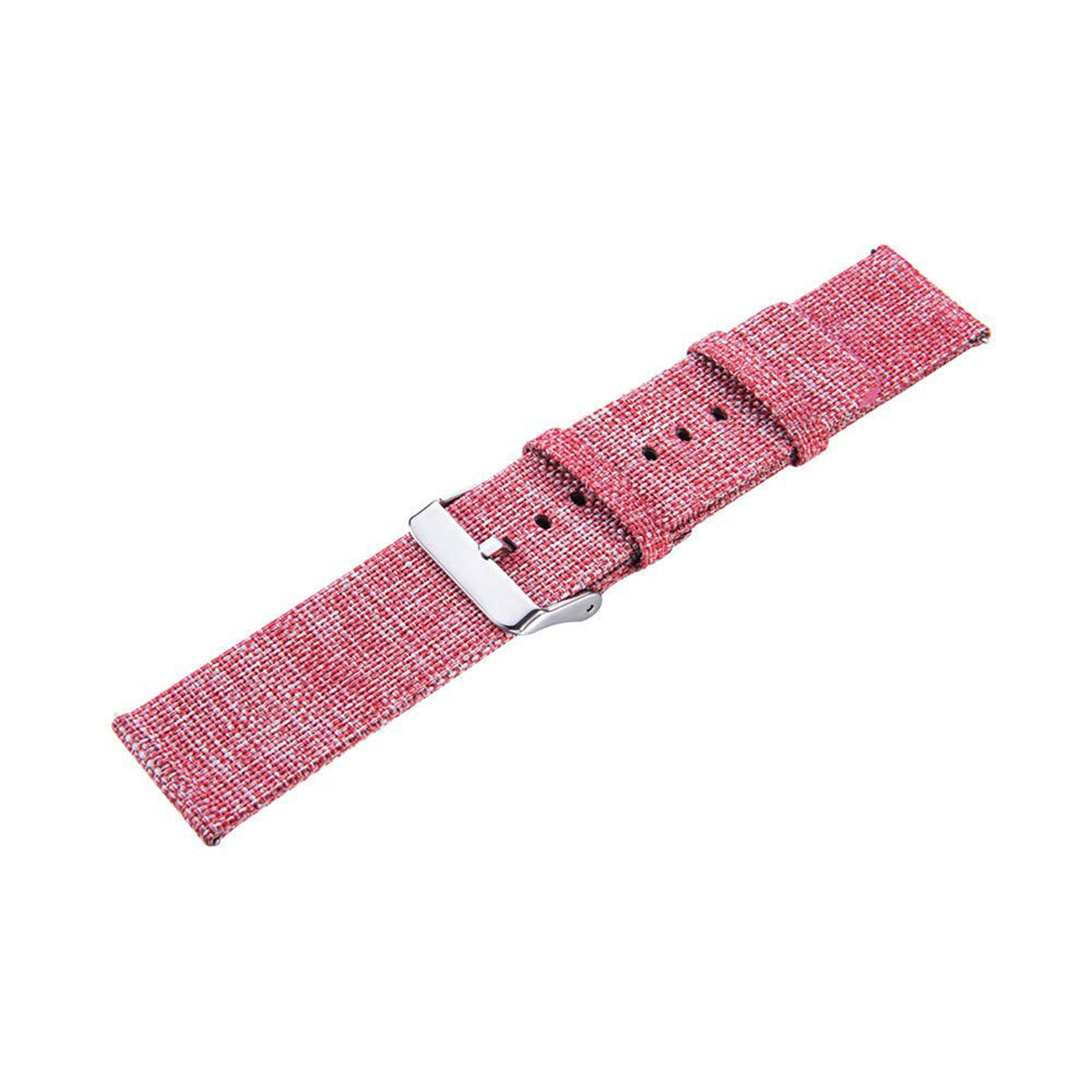 Una correa de reloj roja, hecha de tela con hebilla plateada, aislada sobre blanco.