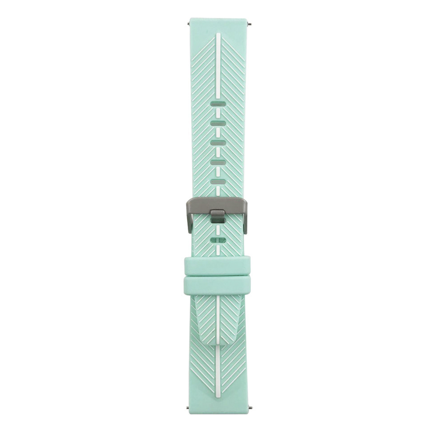 Una correa de reloj verde menta con líneas blancas y una hebilla plateada, sobre un fondo blanco.