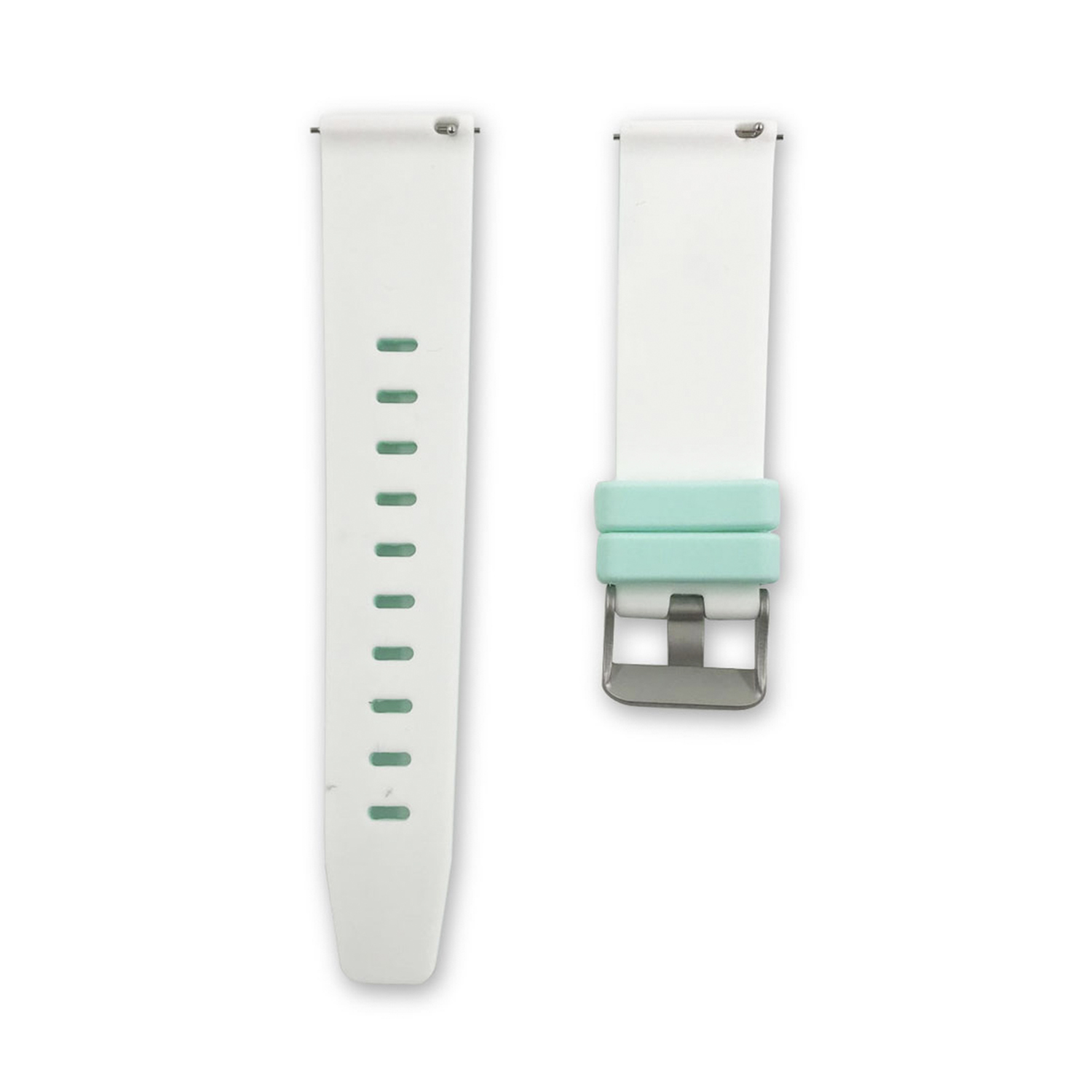 Dos correas de reloj blancas con un acento verde azulado y una hebilla plateada sobre un fondo blanco.
