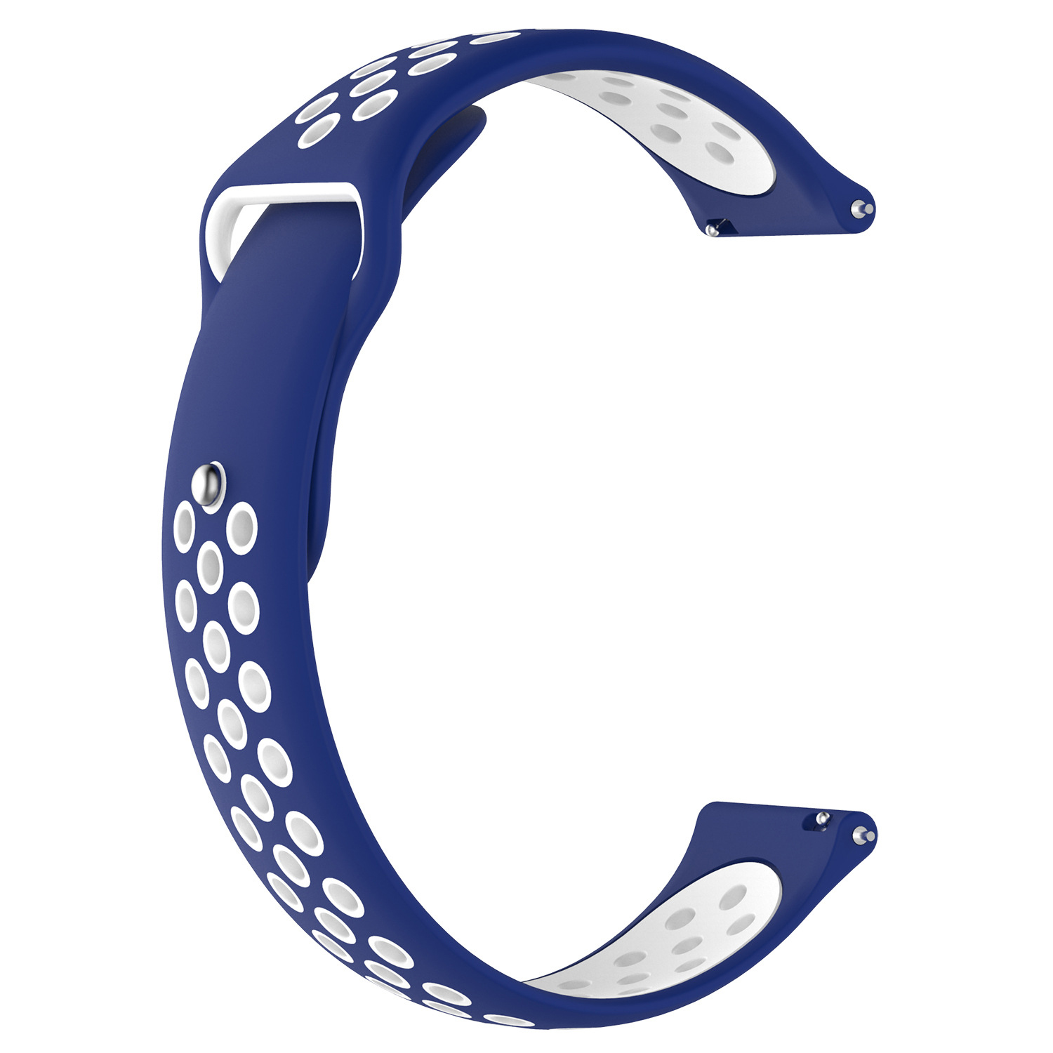 Correa de reloj azul y blanca. La correa es azul, con puntos perforados blancos.