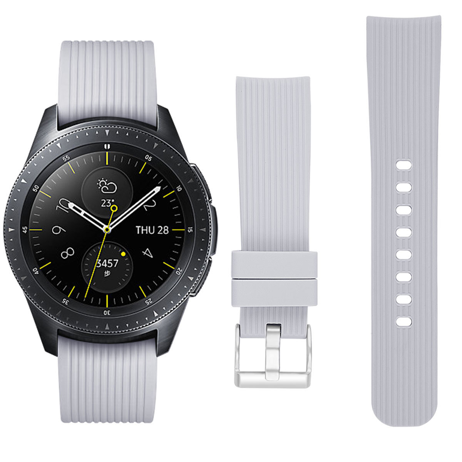 Smartwatch con correa gris y correa extra. El reloj muestra hora y fecha. Fondo blanco.