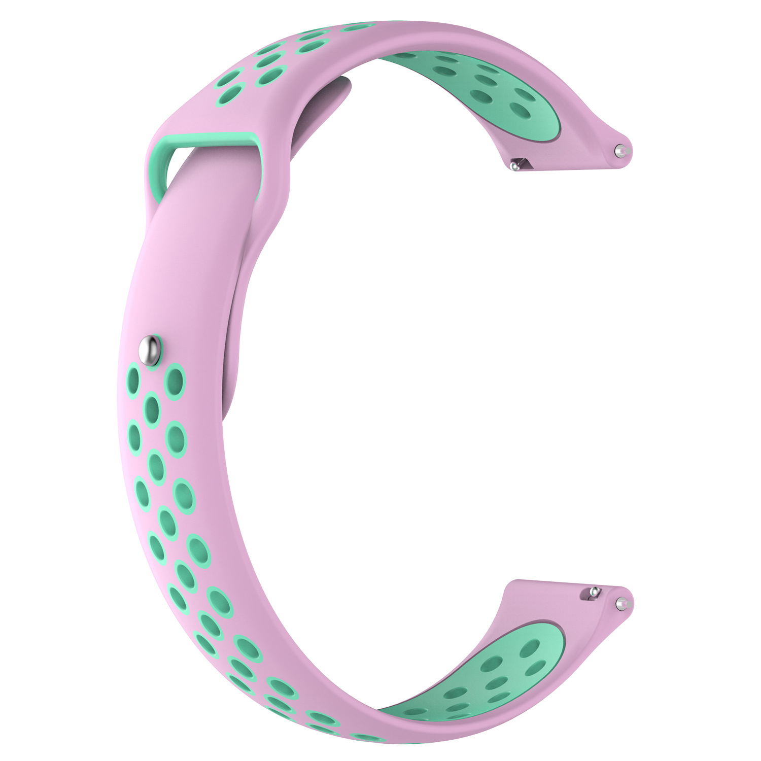 Una correa de reloj rosa y verde. Tiene agujeros y es curva.