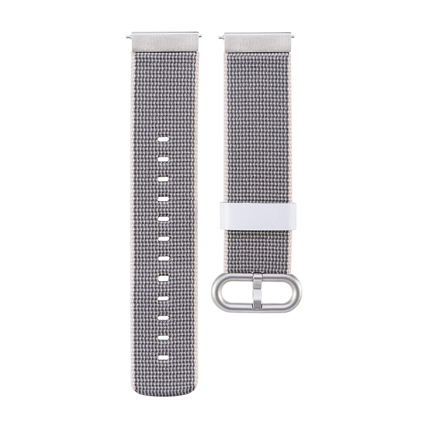 Una correa de reloj gris y blanca con un patrón texturizado, con una hebilla y herrajes de fijación.