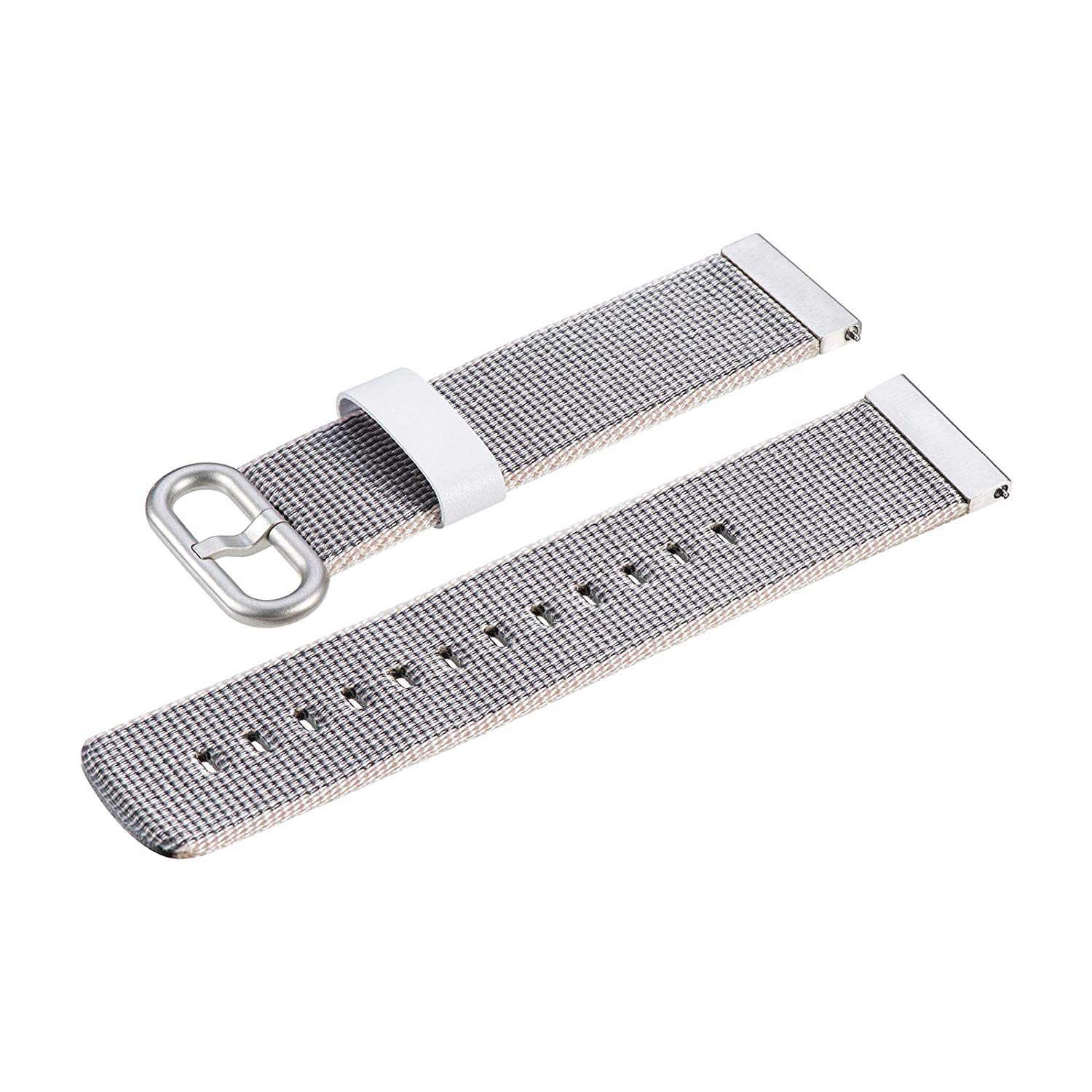 Correa de reloj de tela gris con cuero blanco. Piezas de la correa sobre fondo blanco.