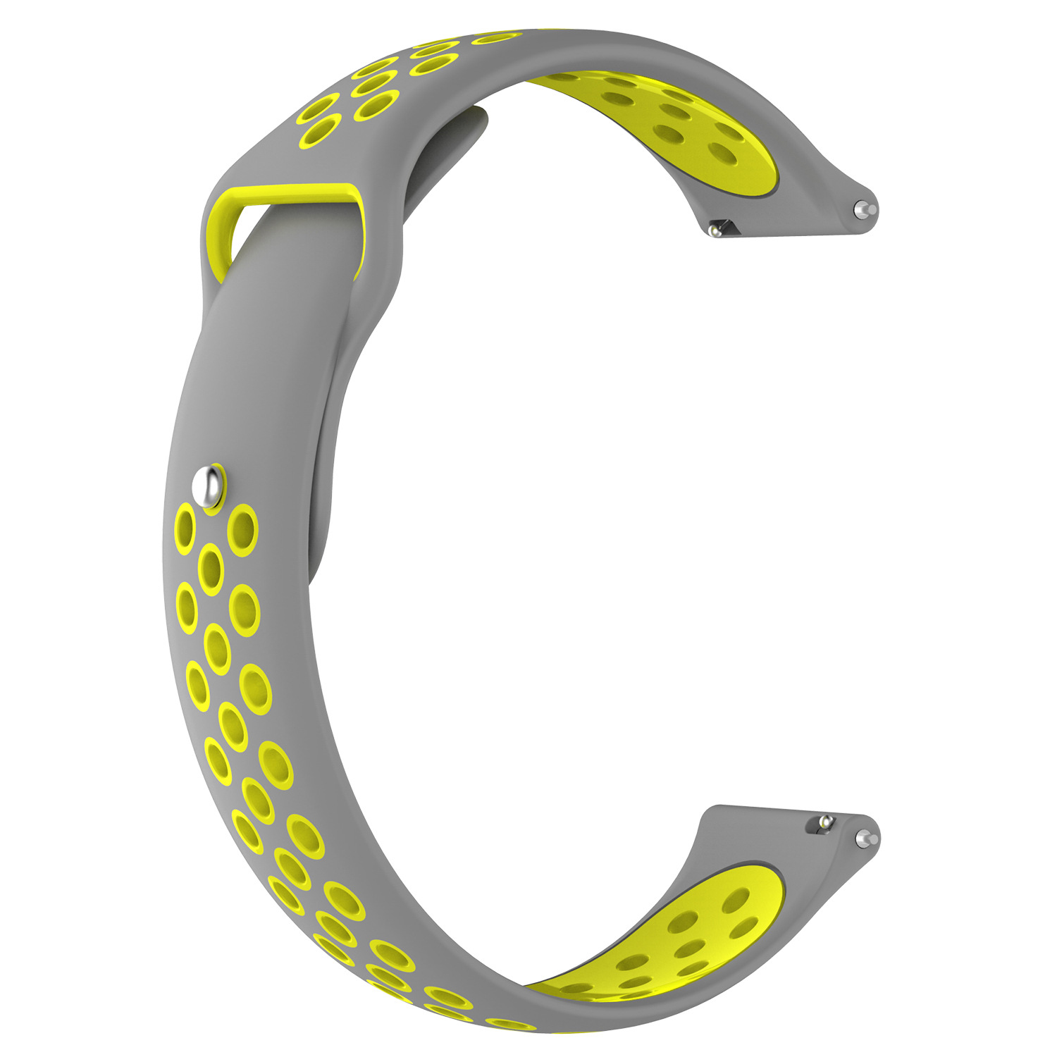 Correa de reloj gris con acentos amarillos y agujeros perforados. Forma curvada y diseño moderno.