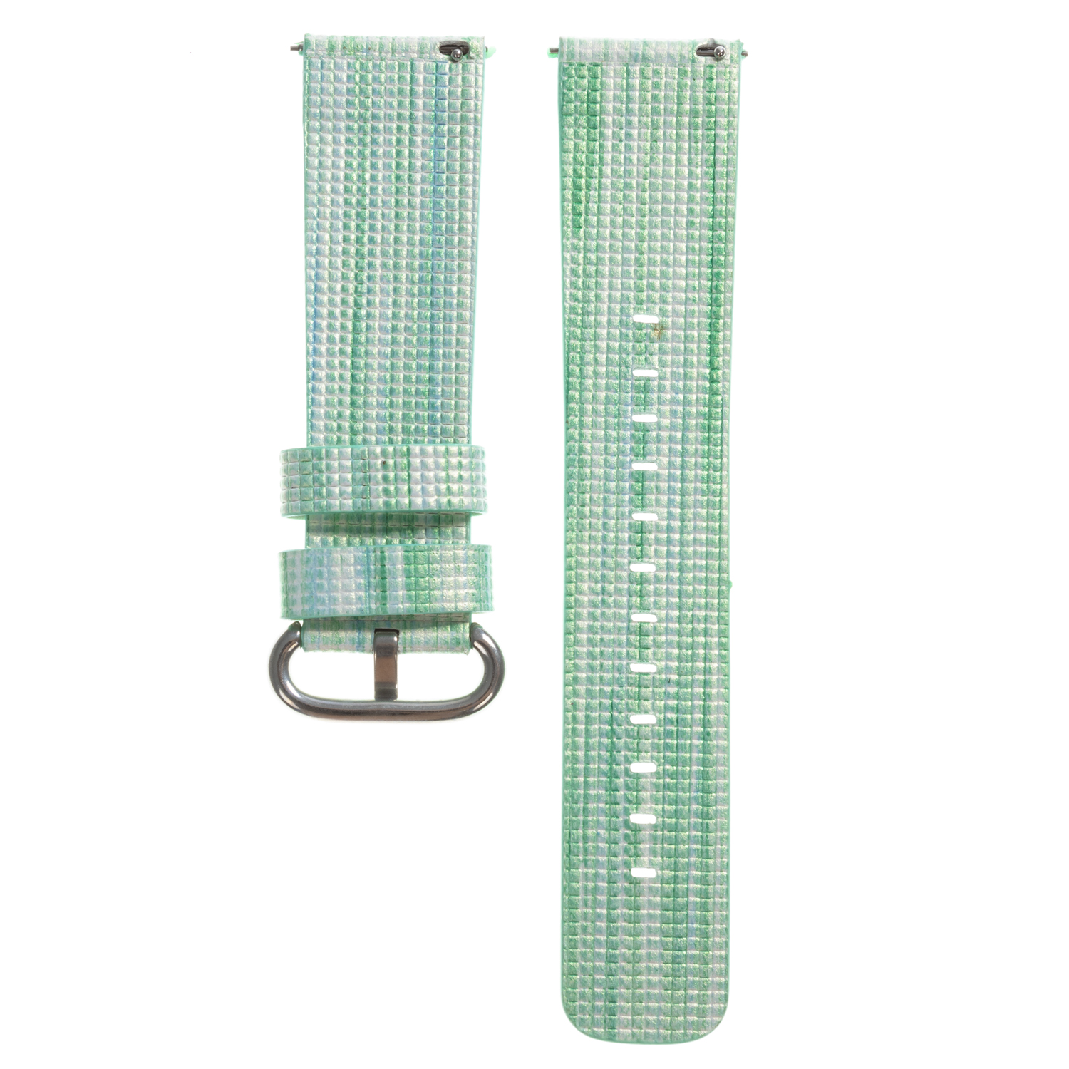 Dos correas de reloj, patrón de cuadros verdes y blancos, con detalles de hebilla y pasador.