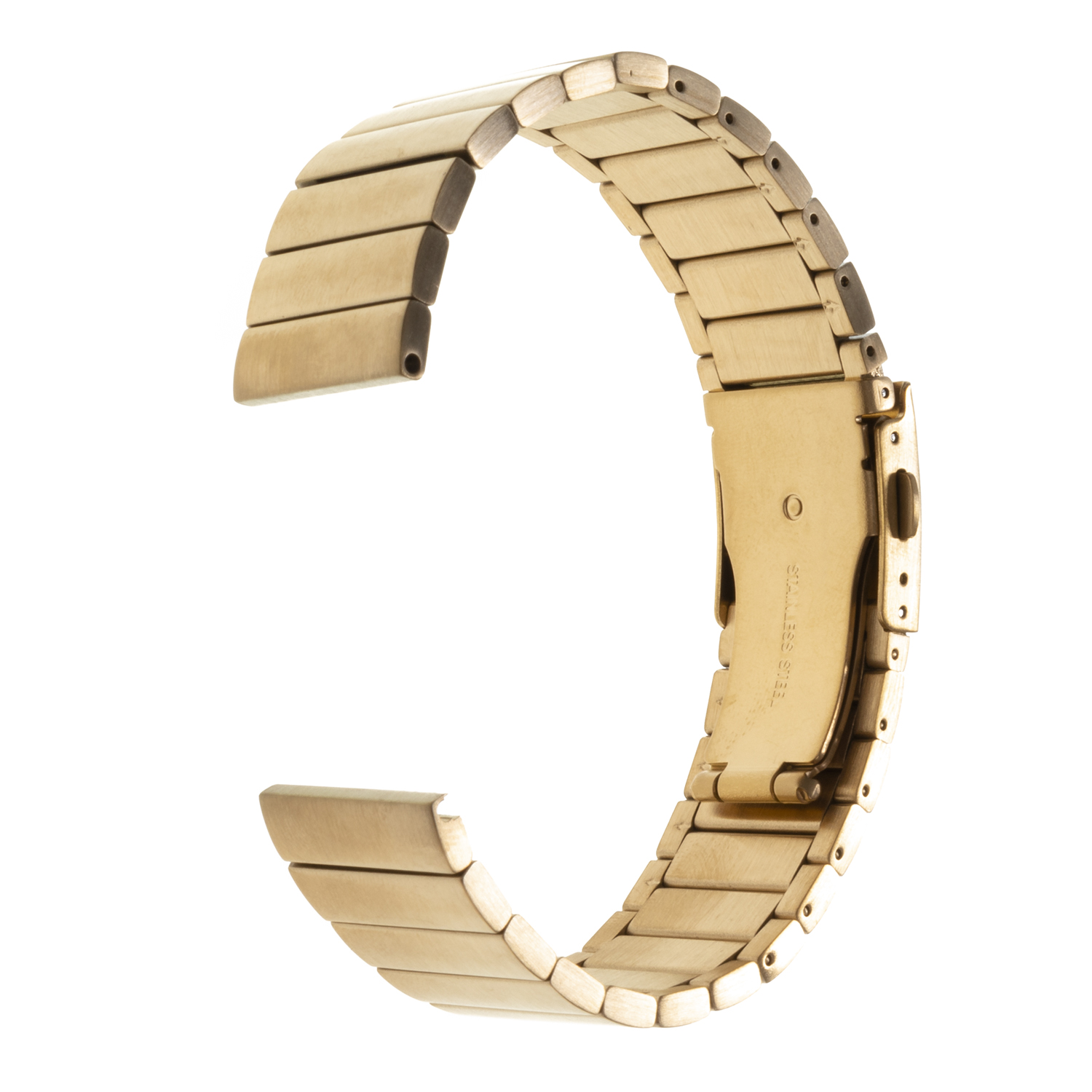 Una correa de reloj dorada de acero inoxidable, curvada, con un cierre que muestra la marca "Stainless Steel".