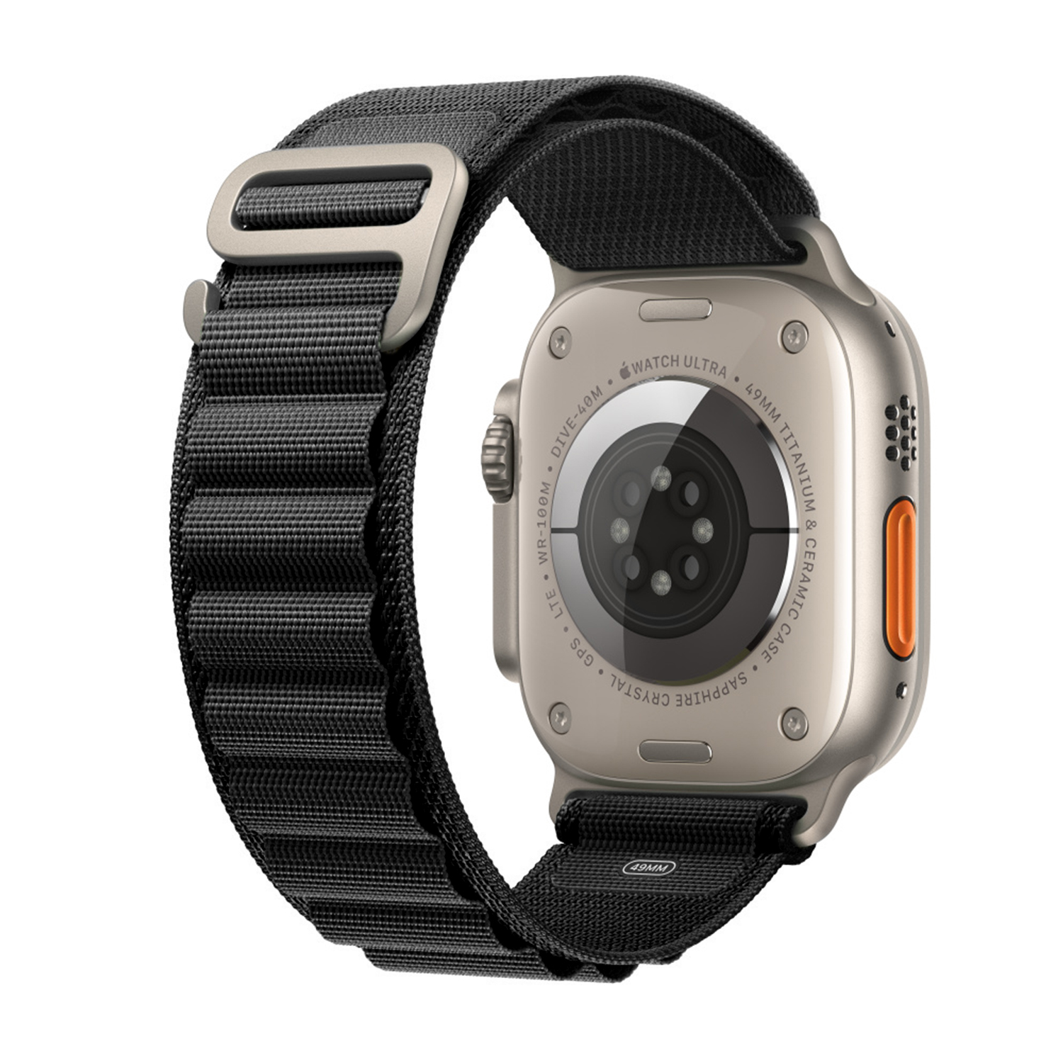 Un Apple Watch Ultra plateado con una banda negra y gris, mostrado sobre un fondo blanco.