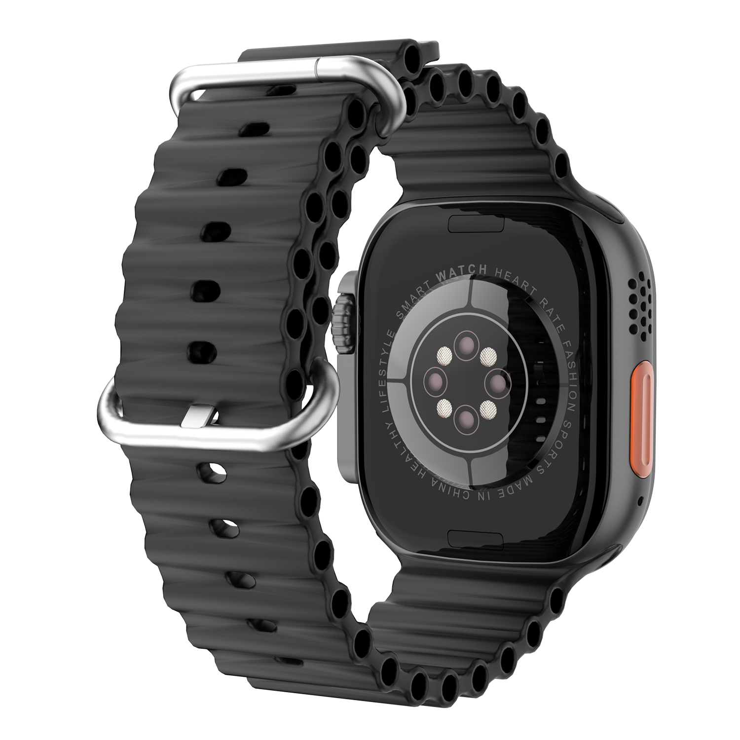Smartwatch negra con correa acanalada. Muestra la frecuencia cardíaca y otros datos de salud.