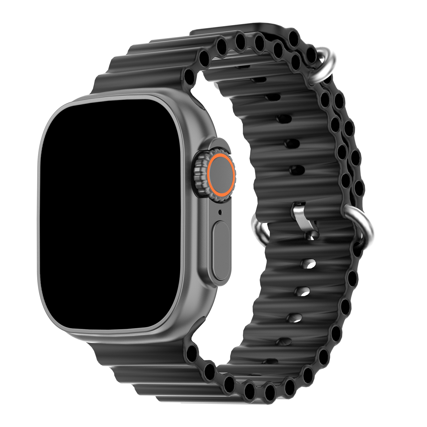 Smartwatch negra con correa negra. El reloj tiene pantalla negra y botón naranja.