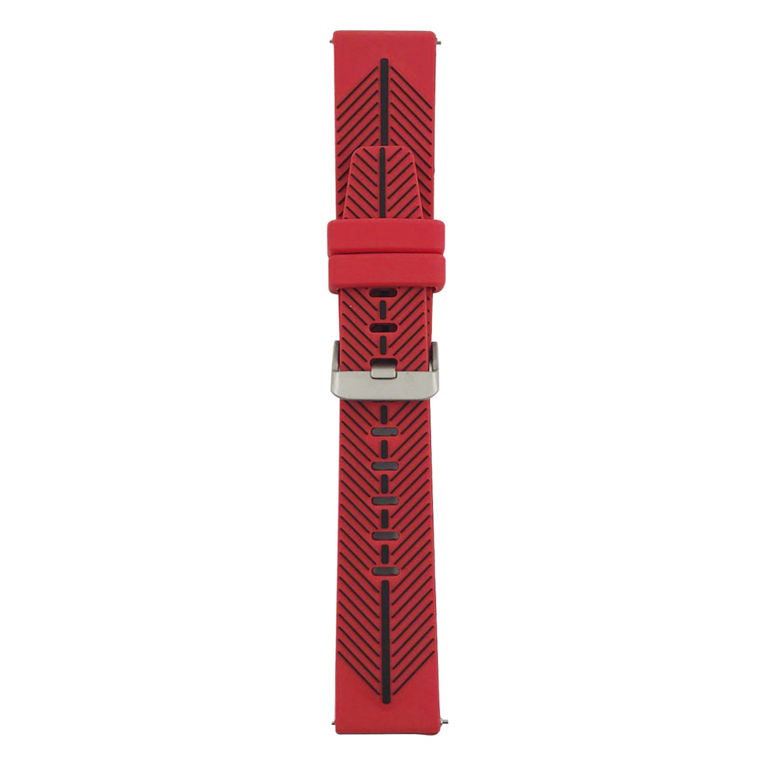Una correa de reloj roja con hebilla y un patrón de líneas diagonales negras y orificios de conexión.